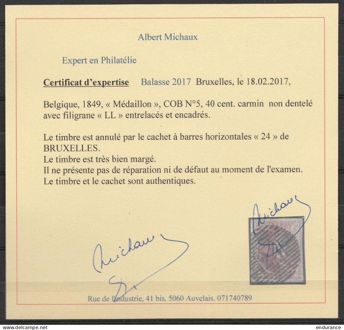 Belgique - N°5 - Médaillon 40c Carmin - Cachet A Barres D24 Bruxelles - Papier Mince, Très Bien Margé (certificat Michau - 1849-1850 Medallions (3/5)