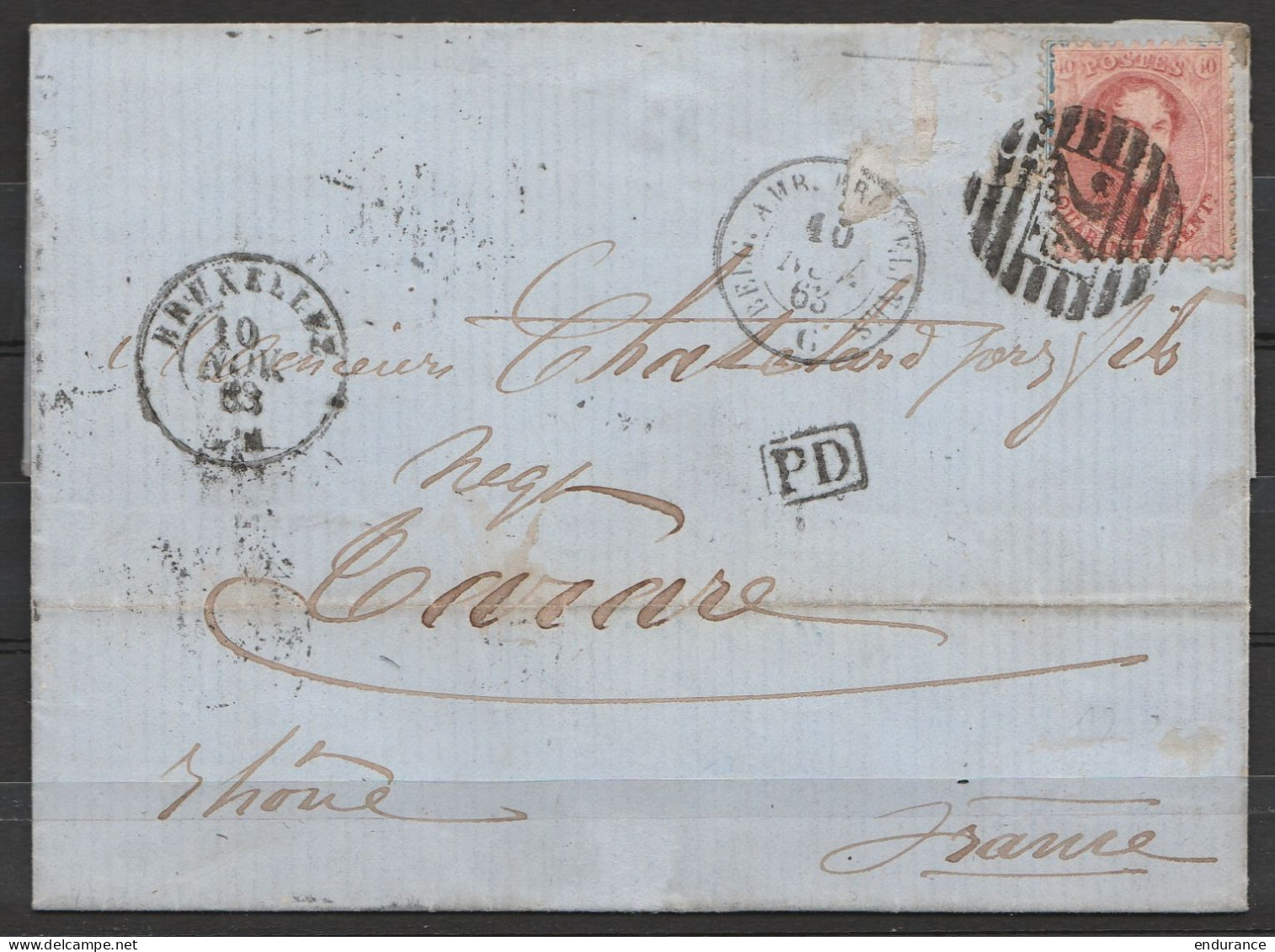 L. Affr. N°15 Recouvert Par N°16 ! P24 Càd BRUXELLES /10 NOV 1863 Pour TARARE (Rhône) - Càd "BELG.AMB.ERQUELINNES" - [PD - 1863-1864 Medallions (13/16)