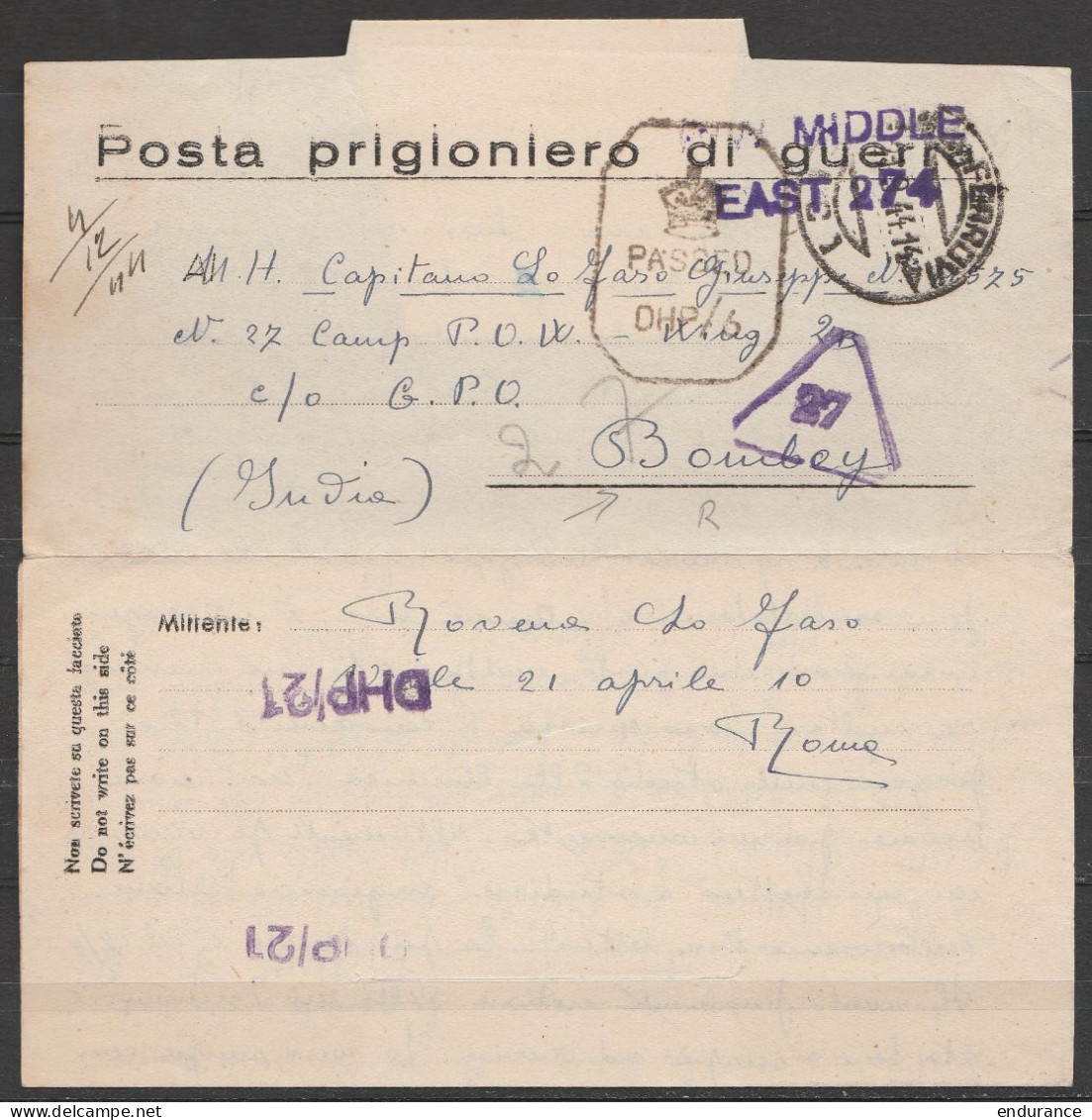 Courrier "Posta Prigioniero Di Guerra" Càd "ROMA-FERROVIA /19.9.1944" Pour Prisonnier Italien à BOMBAY (Inde) (rare !) - - 1936-47 Roi Georges VI