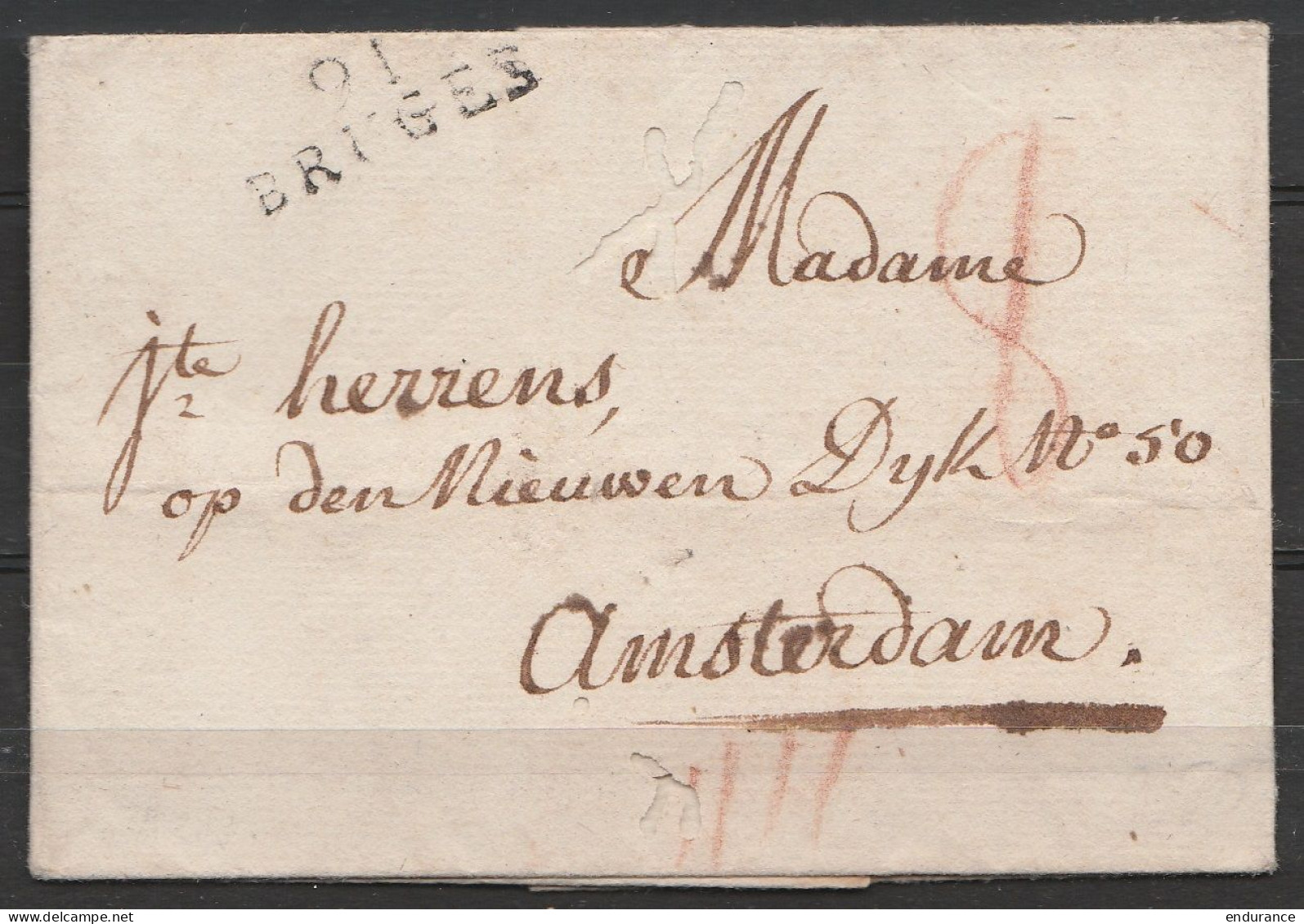 LSC (sans Datée) Pour AMSTERDAM - Griffe "91 / BRUGES" - Port "8" Et "III" (qq Trous Dus Aux Insectes …) - 1815-1830 (Periodo Olandese)