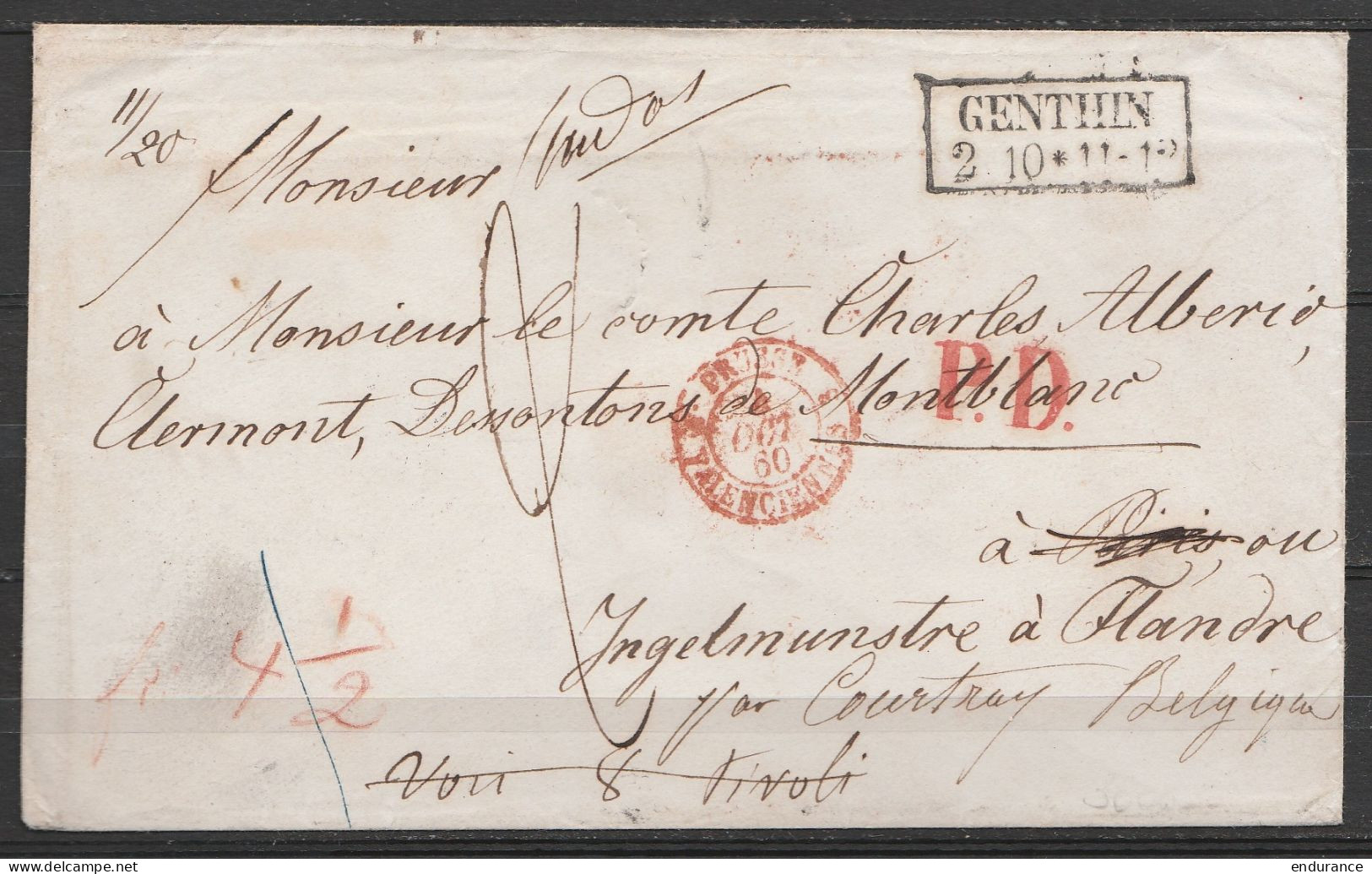 LSC Càd Encadr. [GENTHIN /2 10] (Allemagne) Pour PARIS Réexpédiée INGELMUNSTER à Flandre Par Courtray Càd "PRUSSE A VALE - Entry Postmarks