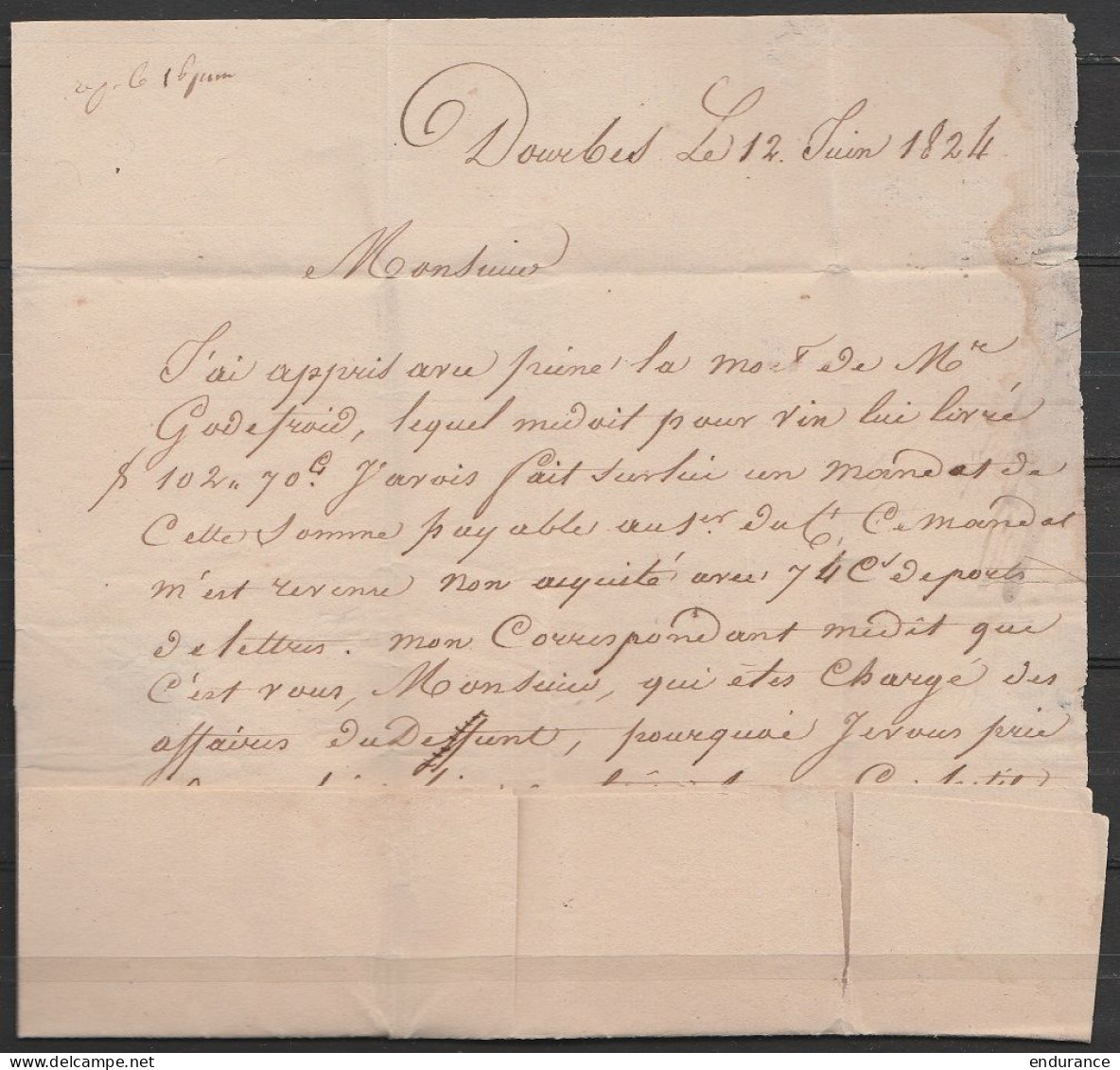 L. Datée 12 Juin 1824 De DOURBES Pour FONTAINE L'EVEQUE Par Charleroy - Griffe Gratée "MARIEMBOURG" - Port "3" - 1815-1830 (Holländische Periode)