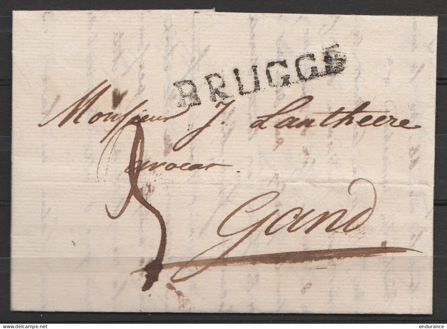 L. Datée 9 Octobre 1826 De BRUGES Pour Avocat à GAND - Griffe "BRUGGE" - Port "3" - 1815-1830 (Periodo Olandese)