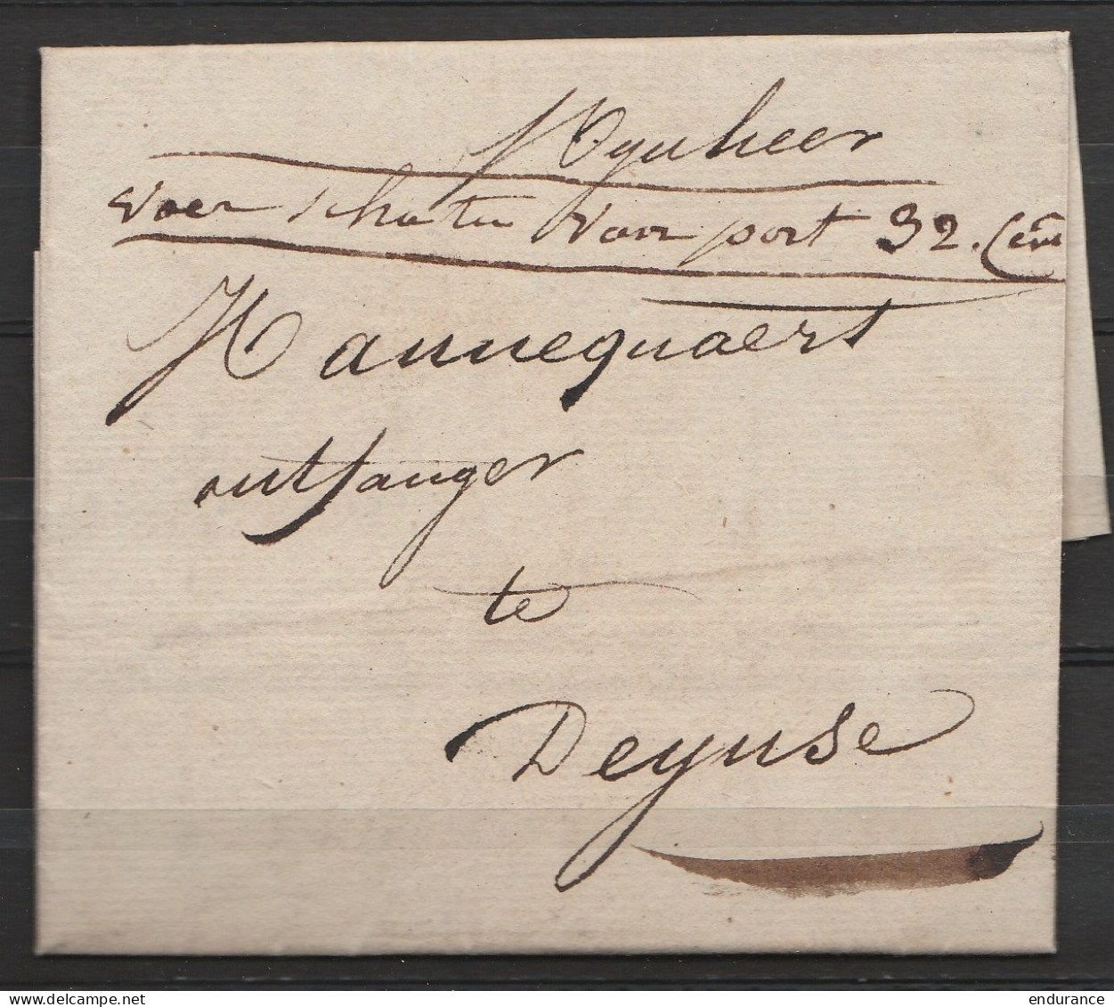 L. Datée 22 Avril 1827 De BRUXELLES Pour DEYNSE - Man "…port 32c" - 1815-1830 (Holländische Periode)