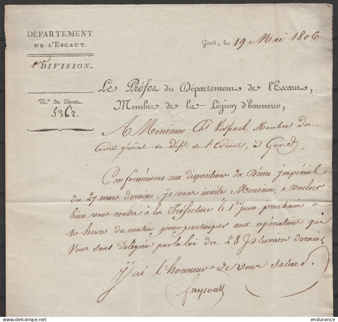 L. Admin. Datée 19 Mai 1806 De GAND (signée Faipoult) Pour E/V - Griffe Admin. "Préfet Dépt. De L'Escault" (au Dos: Cach - 1794-1814 (Periodo Frances)