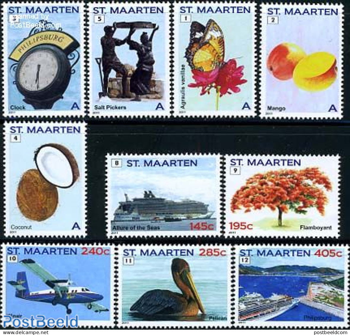 St. Maarten 2011 Definitives 10v, Mint NH, Nature - Transport - Birds - Butterflies - Flowers & Plants - Fruit - Trees.. - Fruit