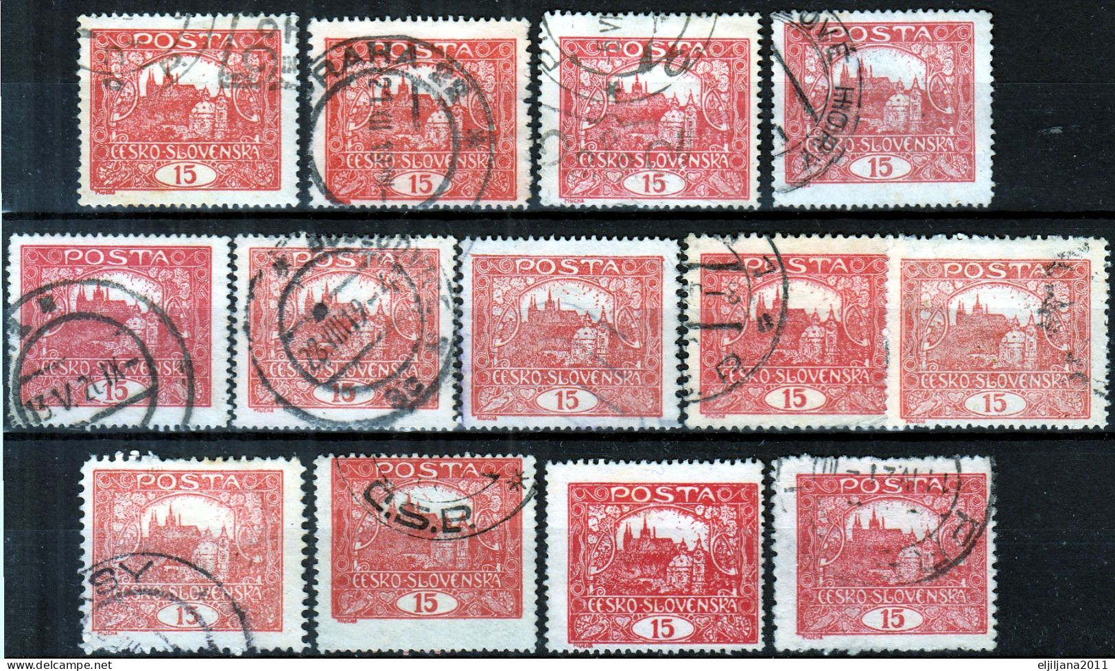 ⁕ Czechoslovakia 1919/20 ⁕ Hradcany 15 H. Mi.26 ⁕ 13v Used / Shades / Different Perf. - Oblitérés