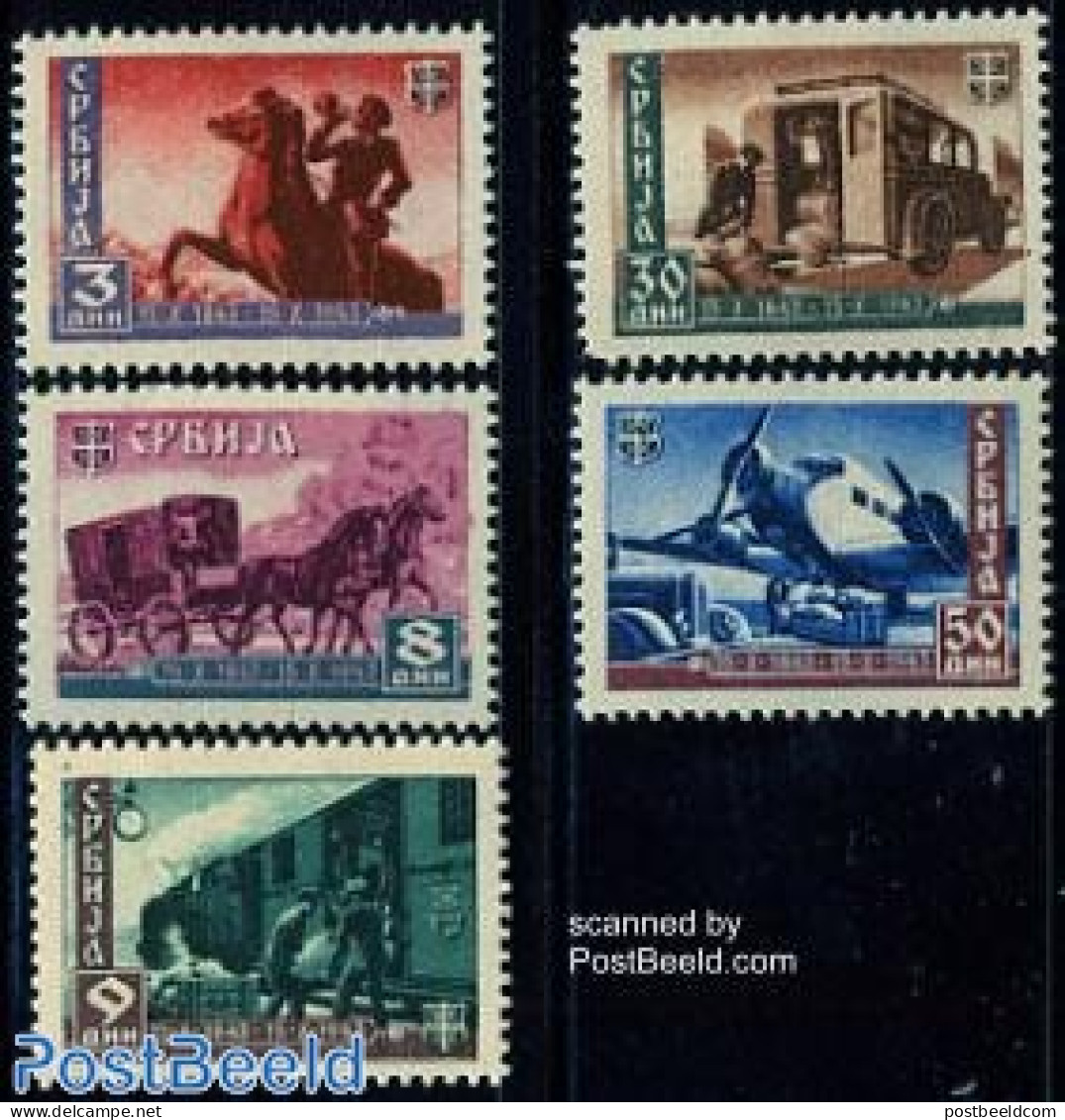 Serbia 1943 Postal Organisation 5v, Mint NH, Nature - Transport - Horses - Post - Aircraft & Aviation - Railways - Post