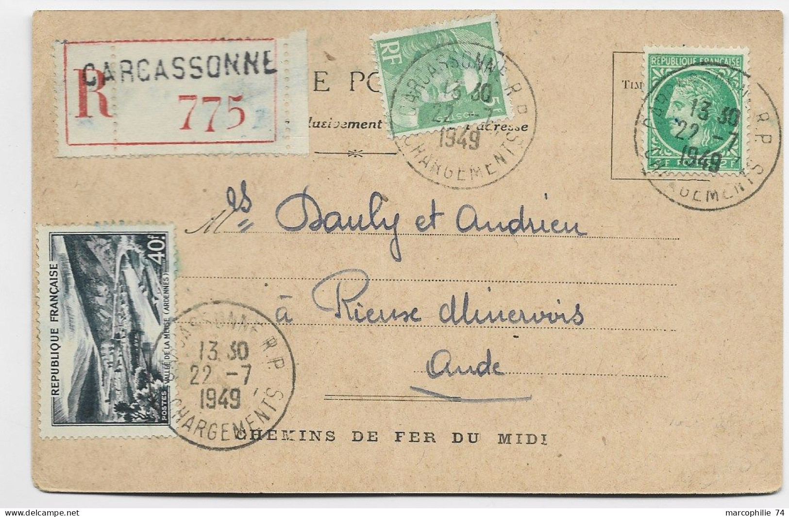 MAZELIN 2FR+ GANDON 5FR+ 40FR MEUSE CARTE POSTALE REC CARCASSONNE 22.7.1949 AU TARIF - 1945-47 Cérès Van Mazelin