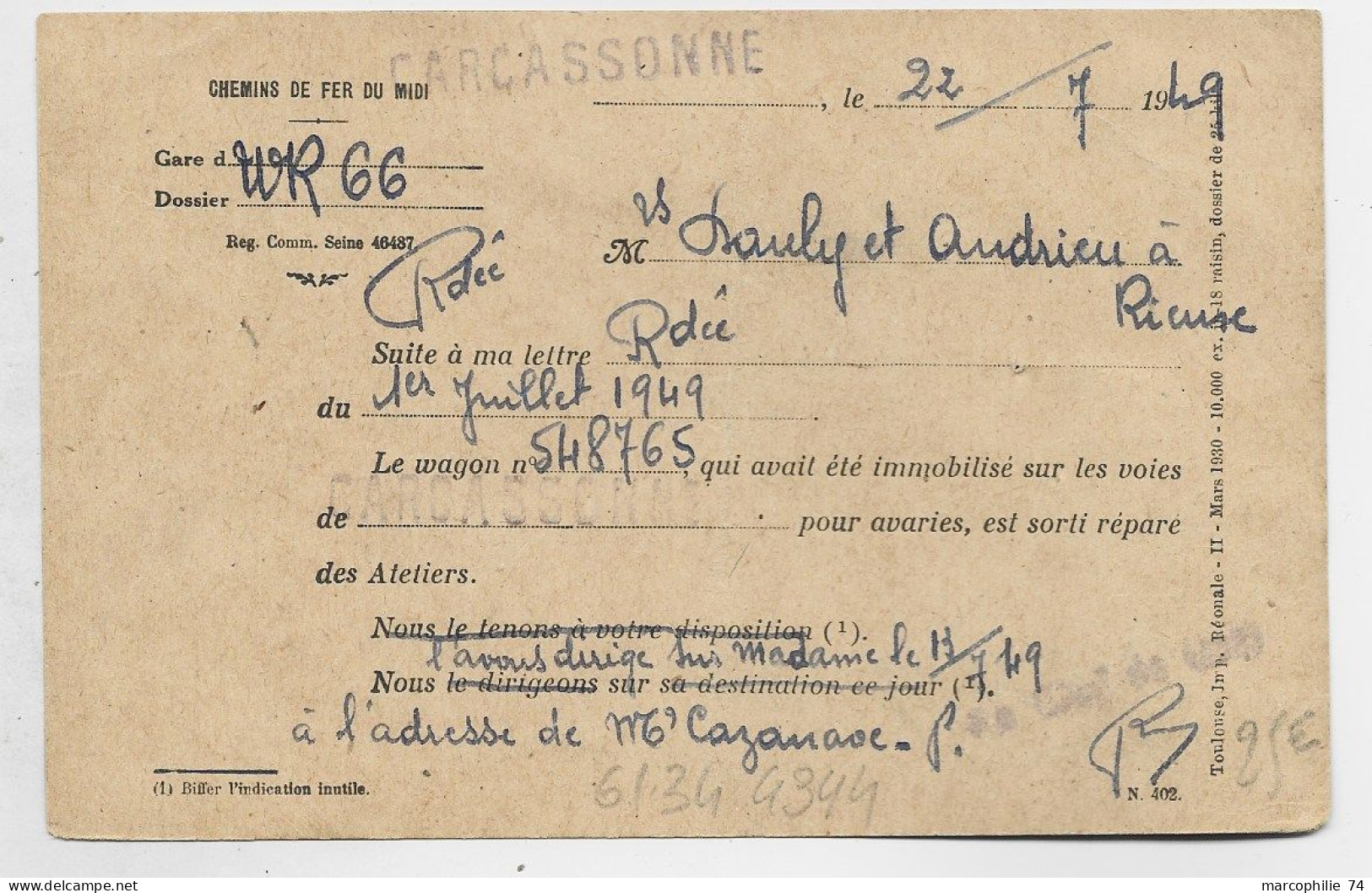 MAZELIN 2FR+ GANDON 5FR+ 40FR MEUSE CARTE POSTALE REC CARCASSONNE 22.7.1949 AU TARIF - 1945-47 Cérès De Mazelin