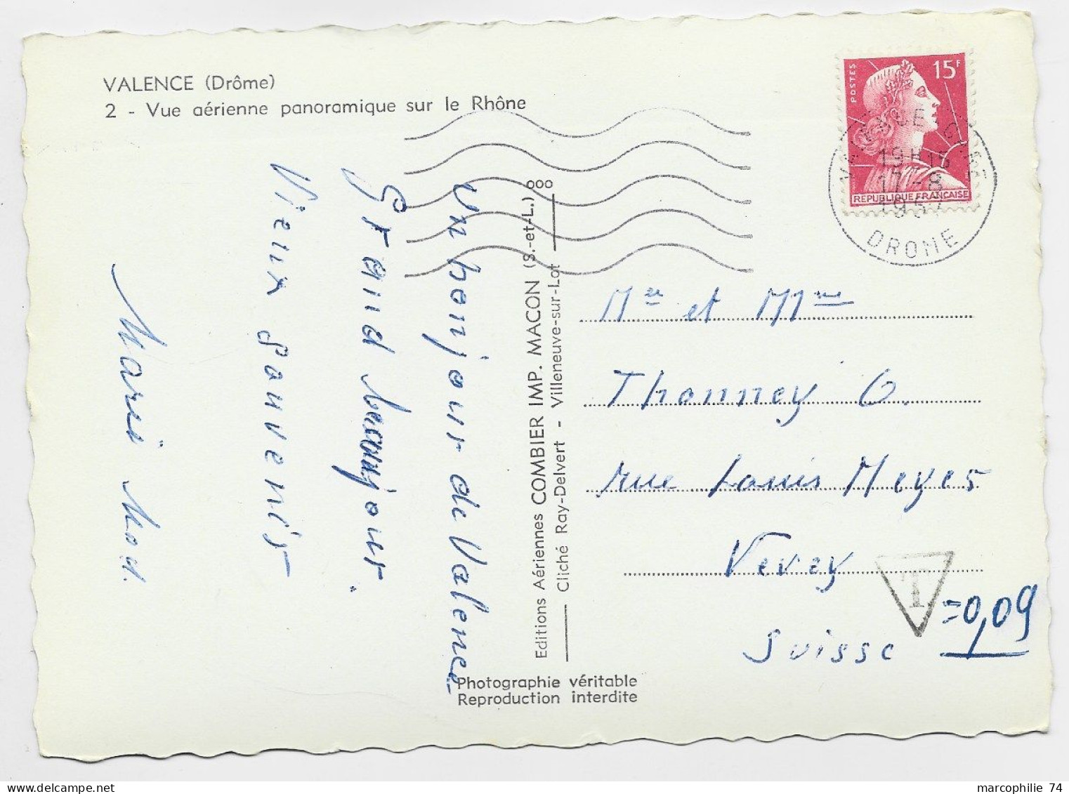 MULLER 15FR SEUL CARTE VALENCE DROME 1957 POUR SUISSE TAXE MENTION T .009 - 1955-1961 Marianne Of Muller