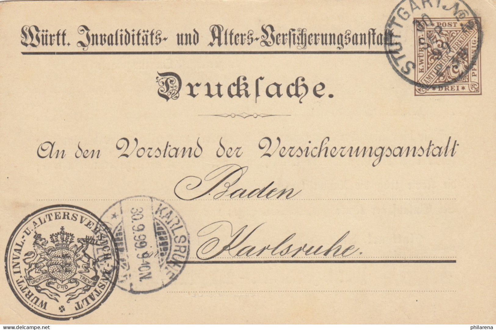 Ganzsache Drucksache Stuttgart / Tuttlingen 1899 Nach Karlsruhe - Storia Postale