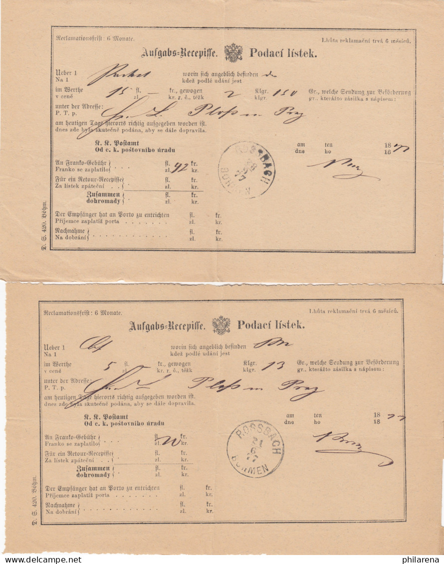 1876/77: 15x Rossbach/Böhmen, Aufgabe Bescheinigung, Aufgabeschein - Autres & Non Classés
