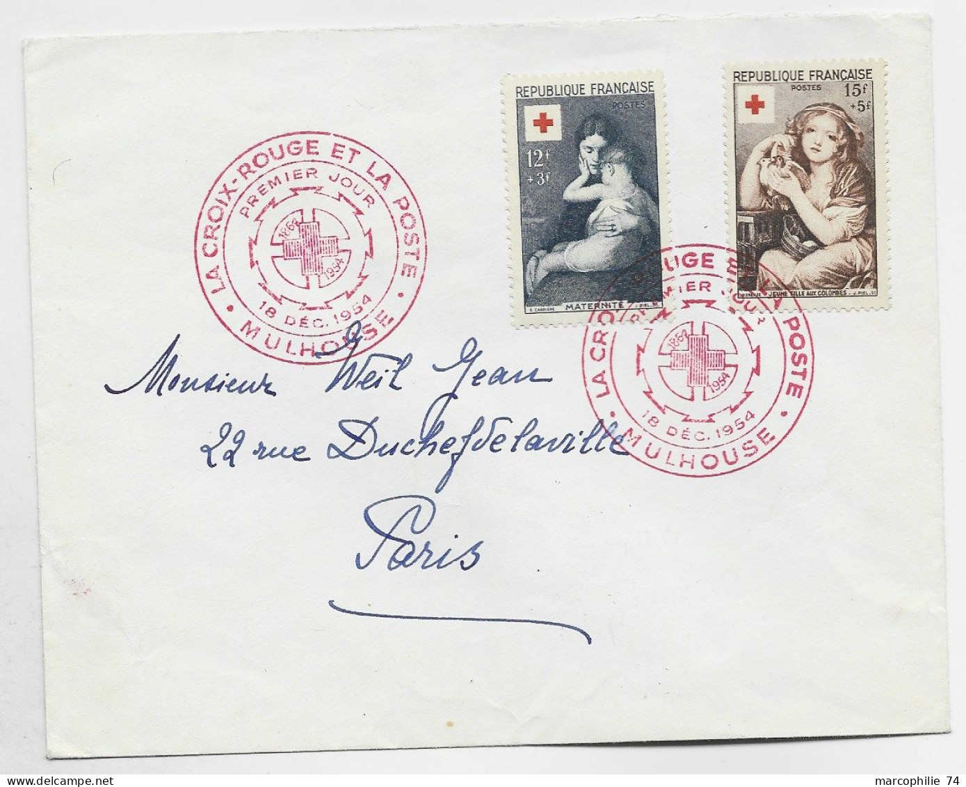 FRANCE CROIX ROUGE 12FR+15FR LETTRE COVER LA CROIX ROUGE ET LA POSTE MULHOUSE 18 DEC 1954 PREMIER JOUR - Croix Rouge