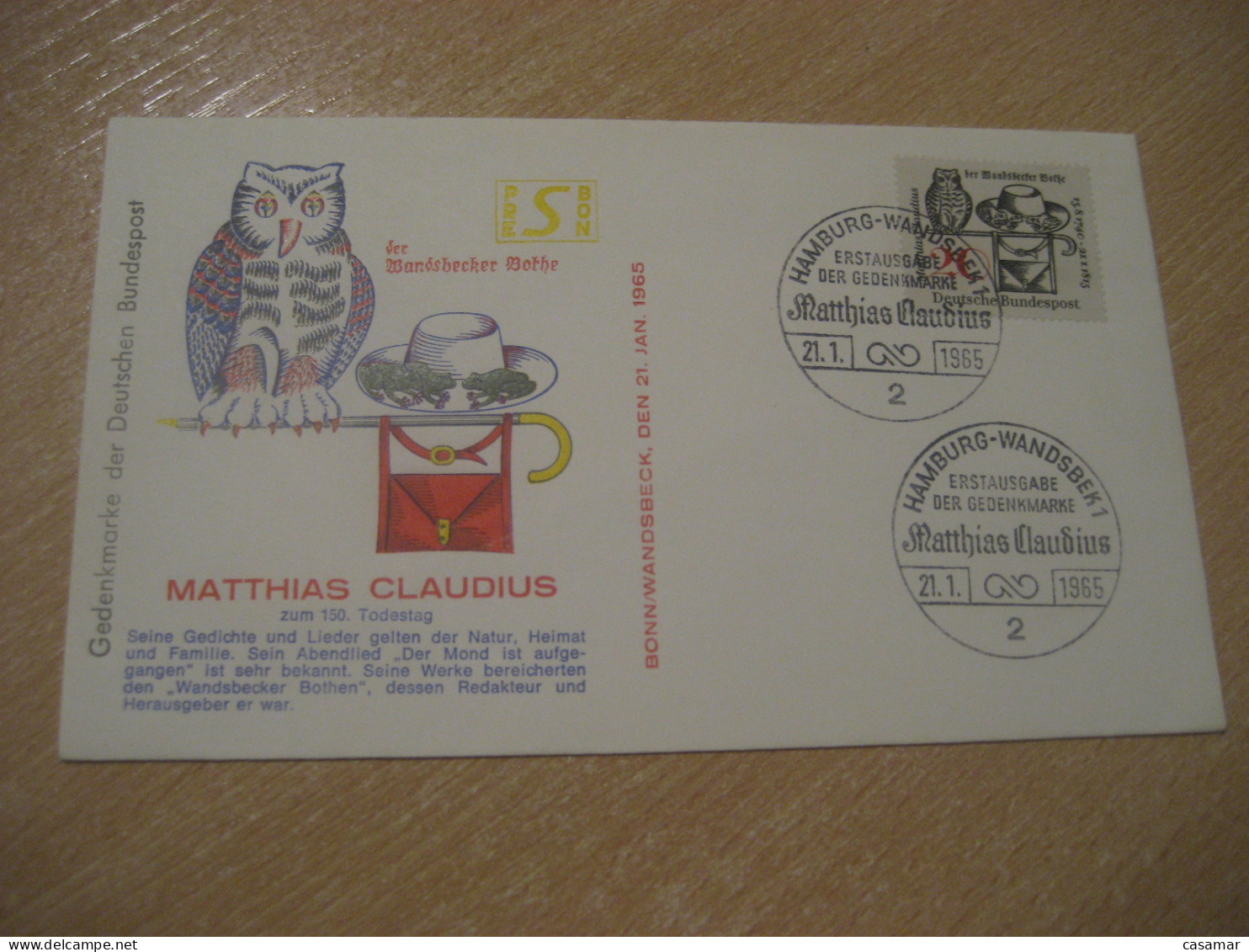 HAMBURG - WANDSBEK 1965 Matthias Claudius Poetry Journalism Journalist Owl Hibou FDC Cancel Cover GERMANY Chouette - Hiboux & Chouettes