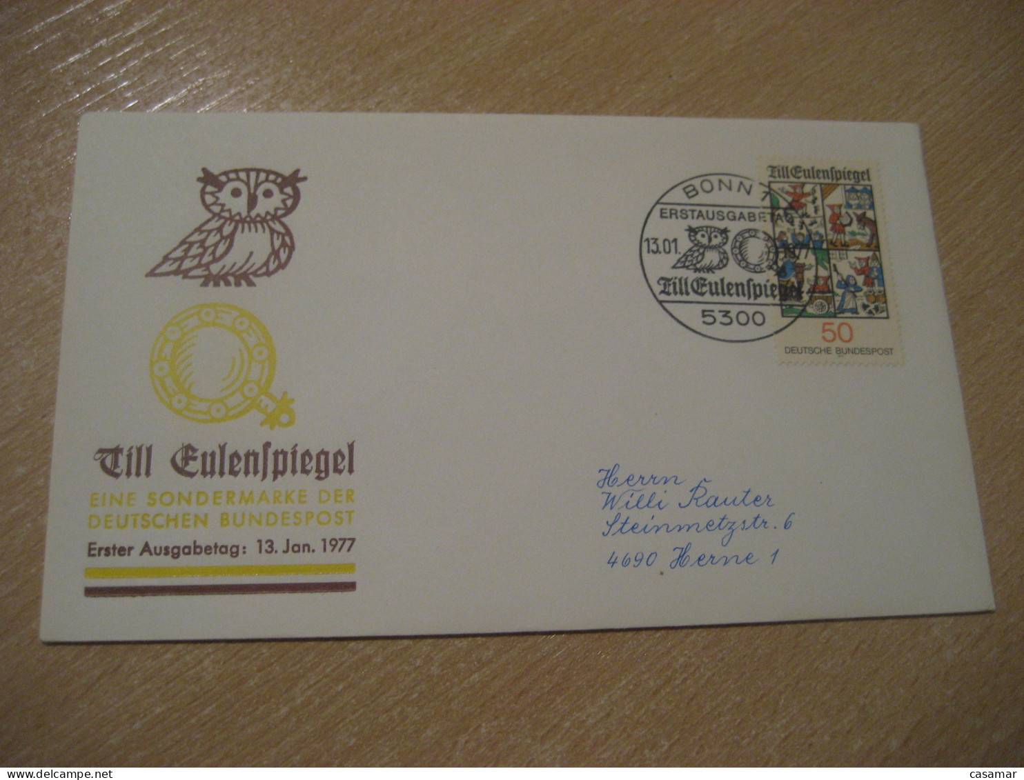 BONN 1977 Till Eulenspiegel German Folklore Owl Hibou FDC Cancel Cover GERMANY Chouette - Hiboux & Chouettes