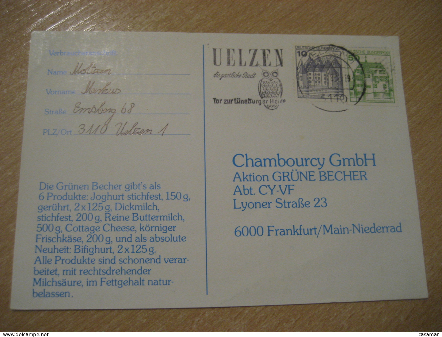 UELZEN 1983 To Frankfurt Owl Hibou Cancel Card GERMANY Chouette - Hiboux & Chouettes