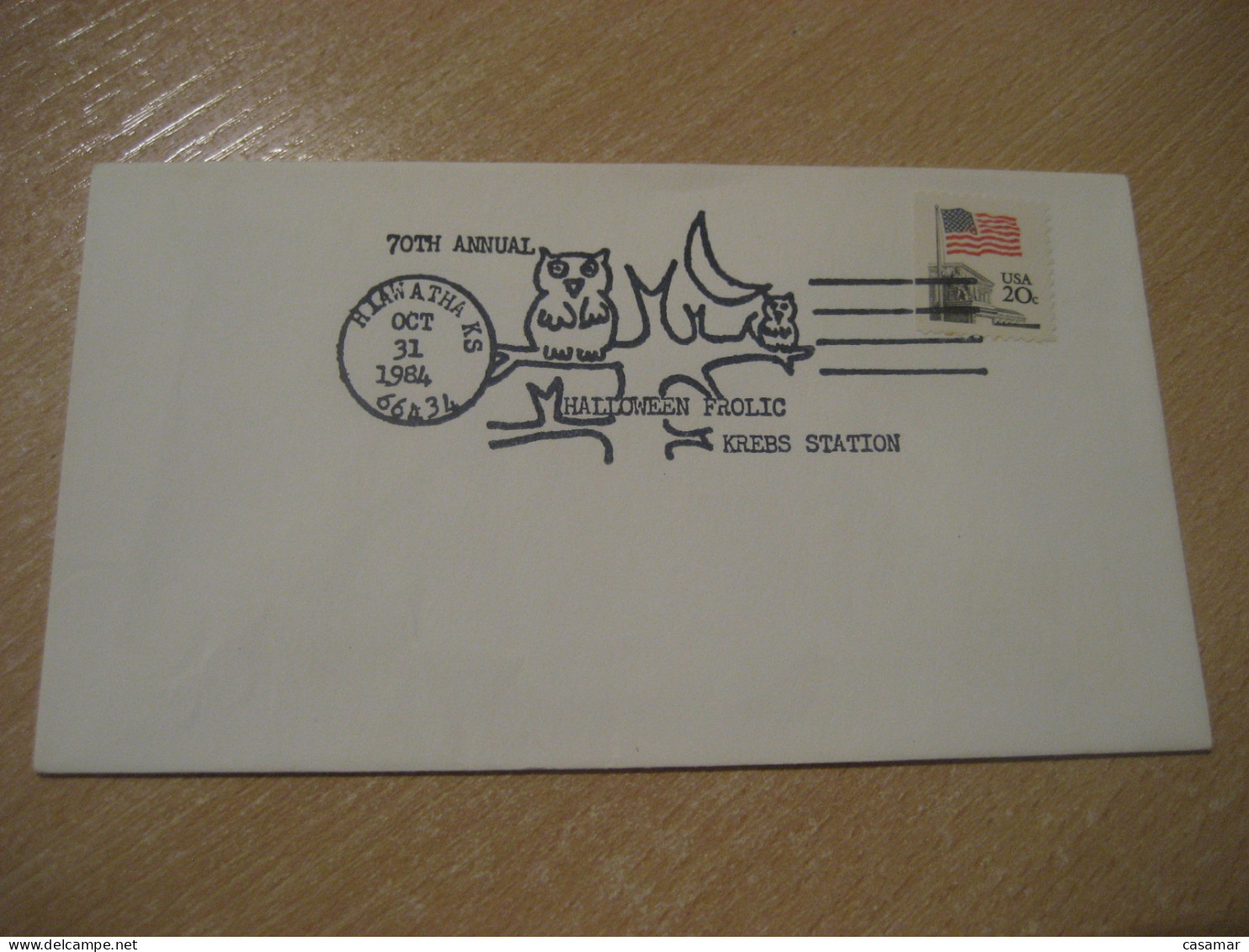 HIAWATHA 1984 Halloween Frolic Krebs Station Owl Hibou Cancel Cover USA Chouette - Hiboux & Chouettes