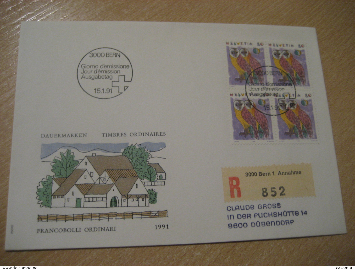 BERN 1991 Owl Hibou Registered FDC Cancel Cover SWITZERLAND Chouette - Owls