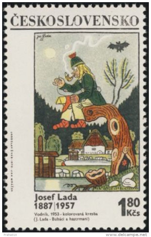Czechoslovakia / Stamps (1970) 1825: Painter Josef Lada (1887-1957) "Waterman" (1953); (Mill; Willow; Bat) - Fledermäuse