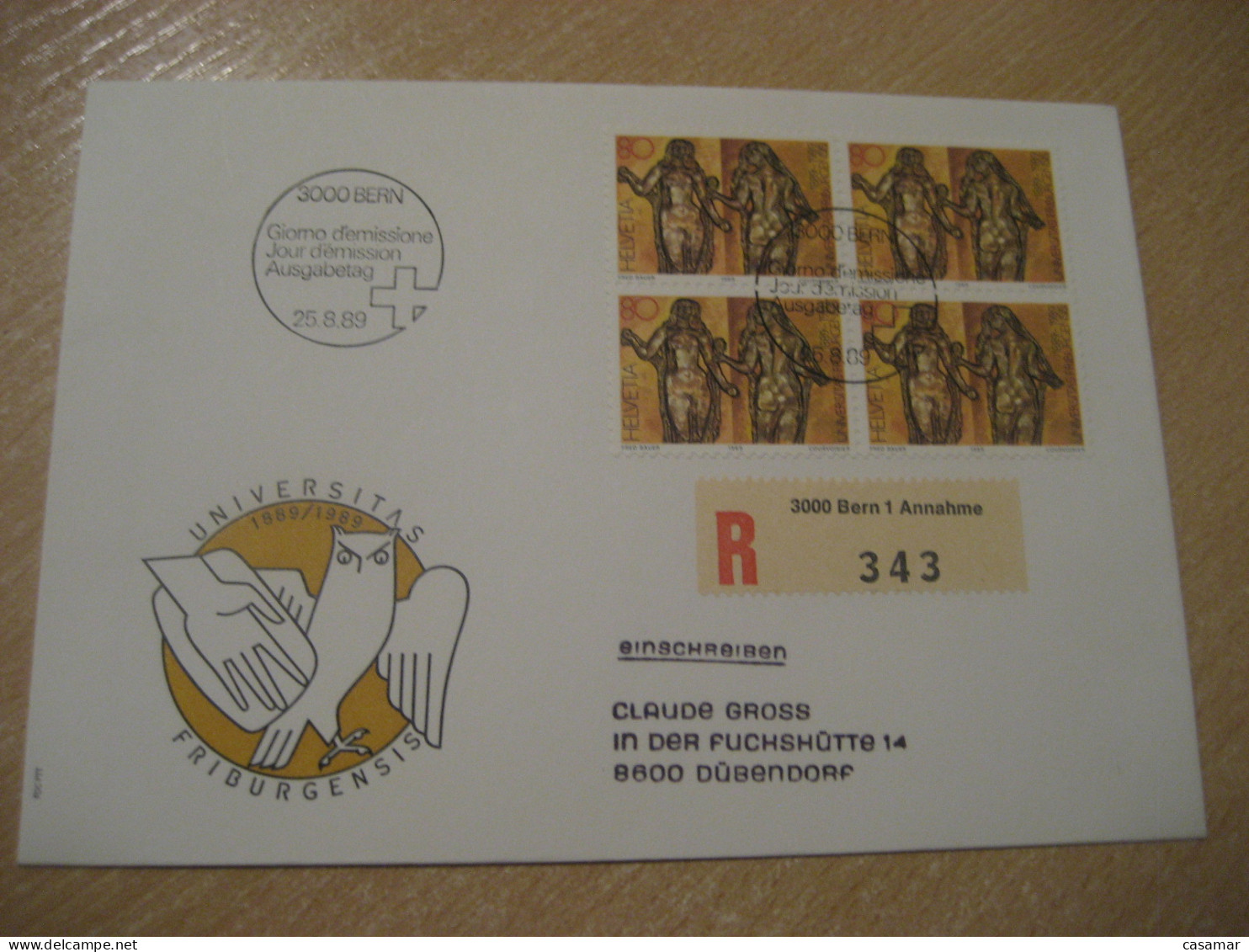 BERN 1989 University Owl Hibou Registered Cancel Cover SWITZERLAND Chouette - Eulenvögel