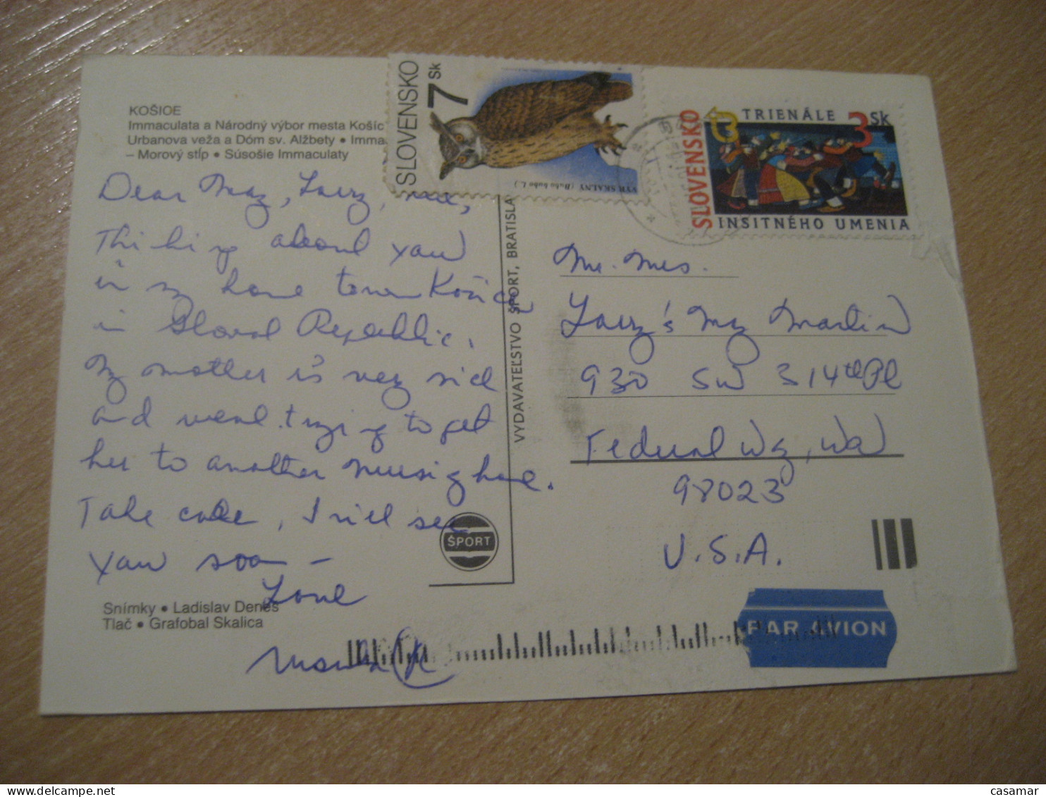 KOSICE 1991 To USA Owl Hibou Air Mail Cancel Postcard SLOVAKIA Chouette - Eulenvögel