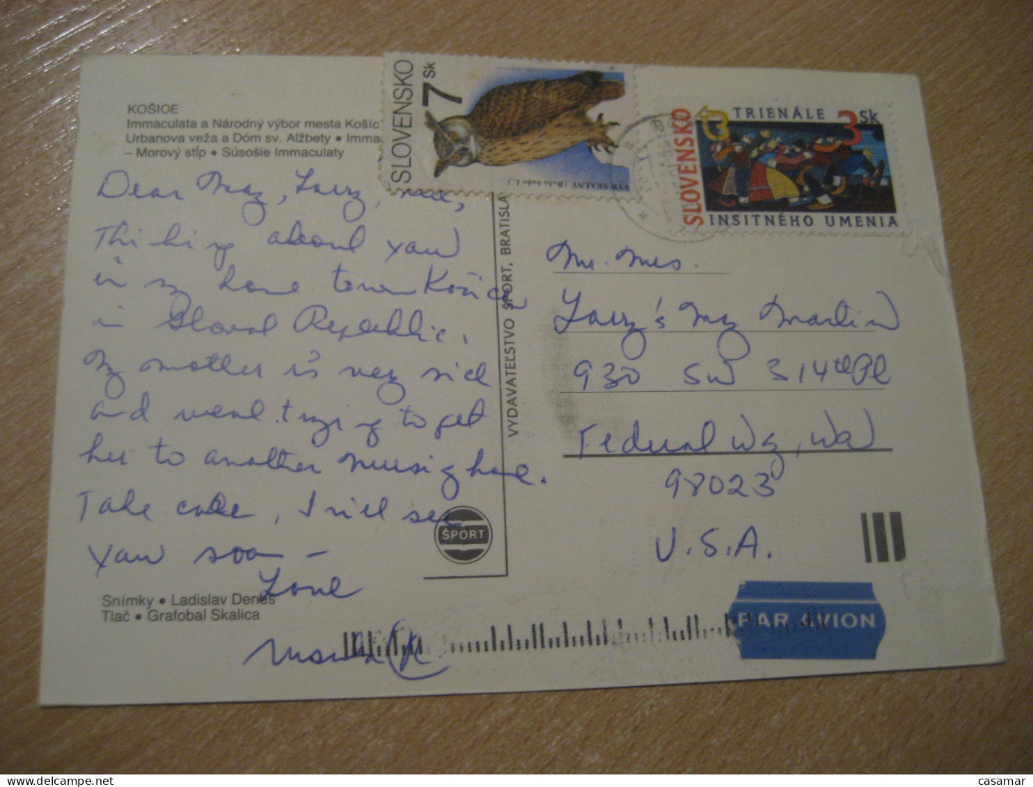 KOSICE 1991 To USA Owl Hibou Air Mail Cancel Postcard SLOVAKIA Chouette - Hiboux & Chouettes