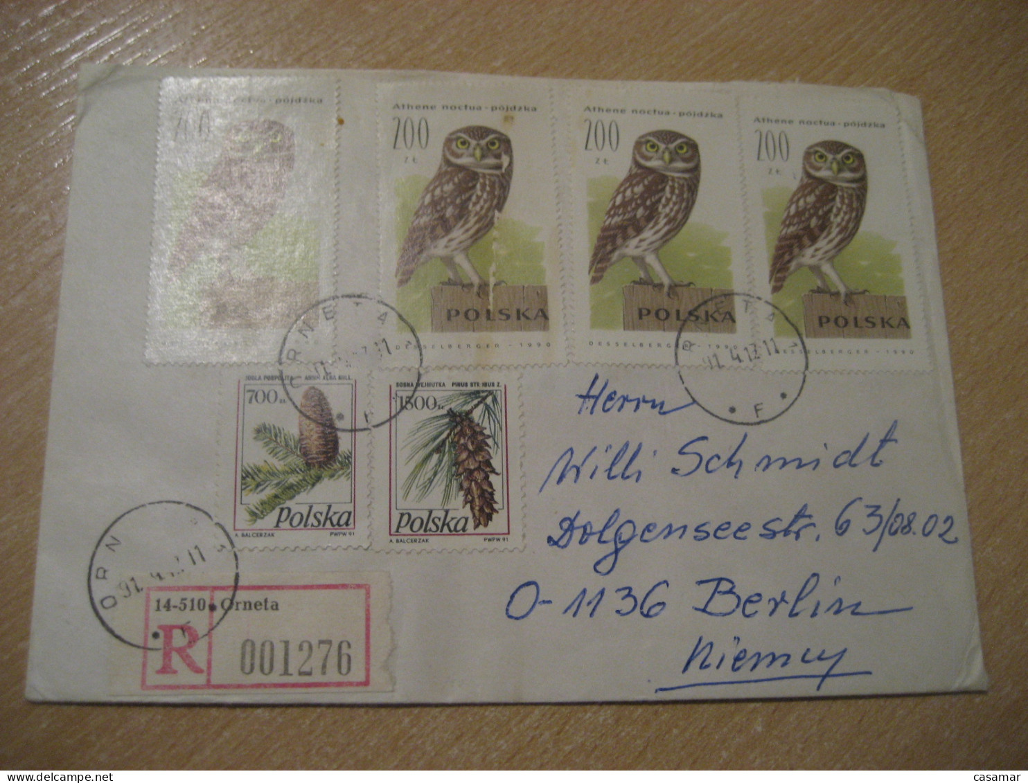 ORNETA 1991 To Berlin Germany Owl Hibou Registered Cancel Cover POLAND Chouette - Eulenvögel