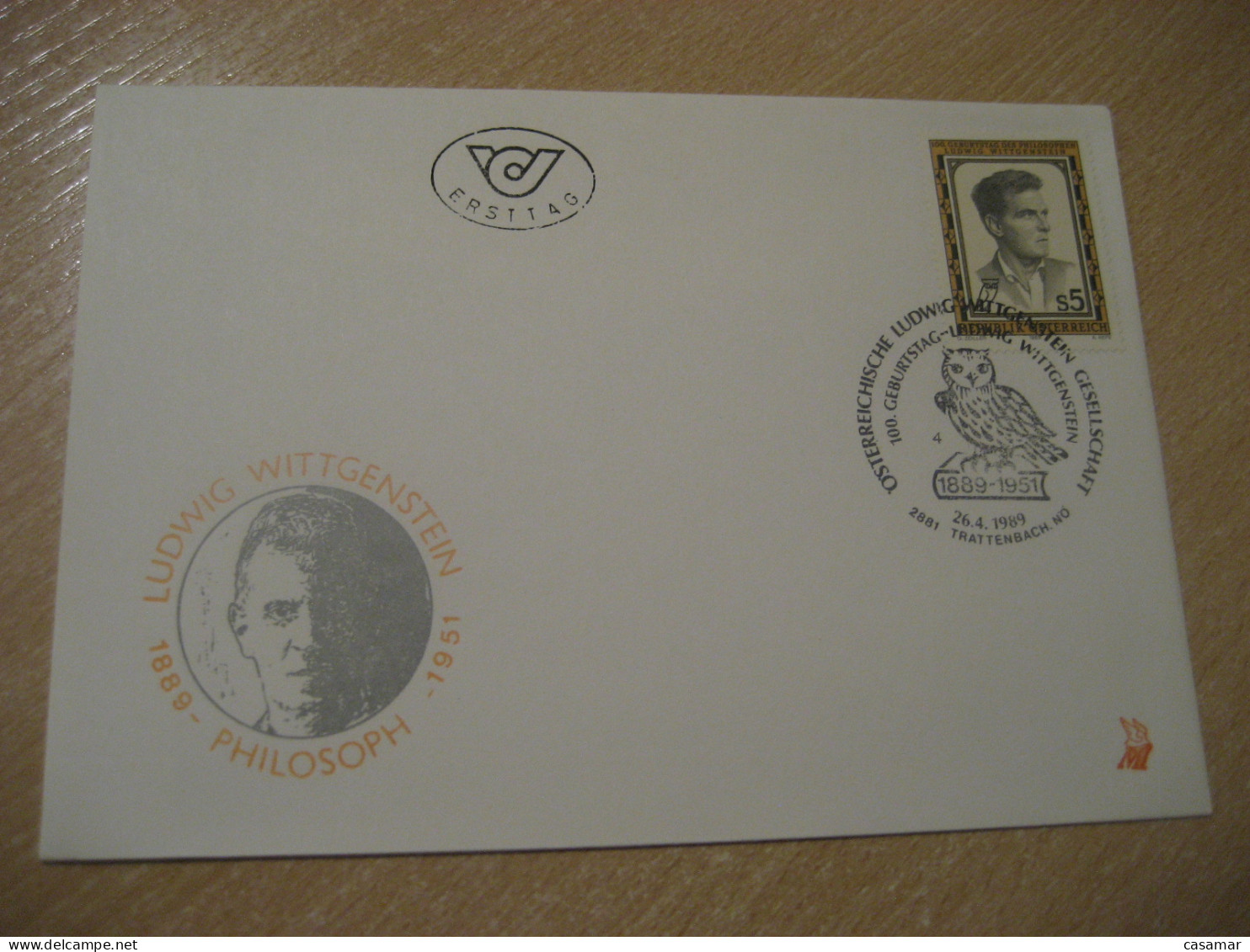 TRATTENBACH 1989 Ludwig Wittgenstein Philosophy Owl Hibou FDC Cancel Cover AUSTRIA Chouette - Owls