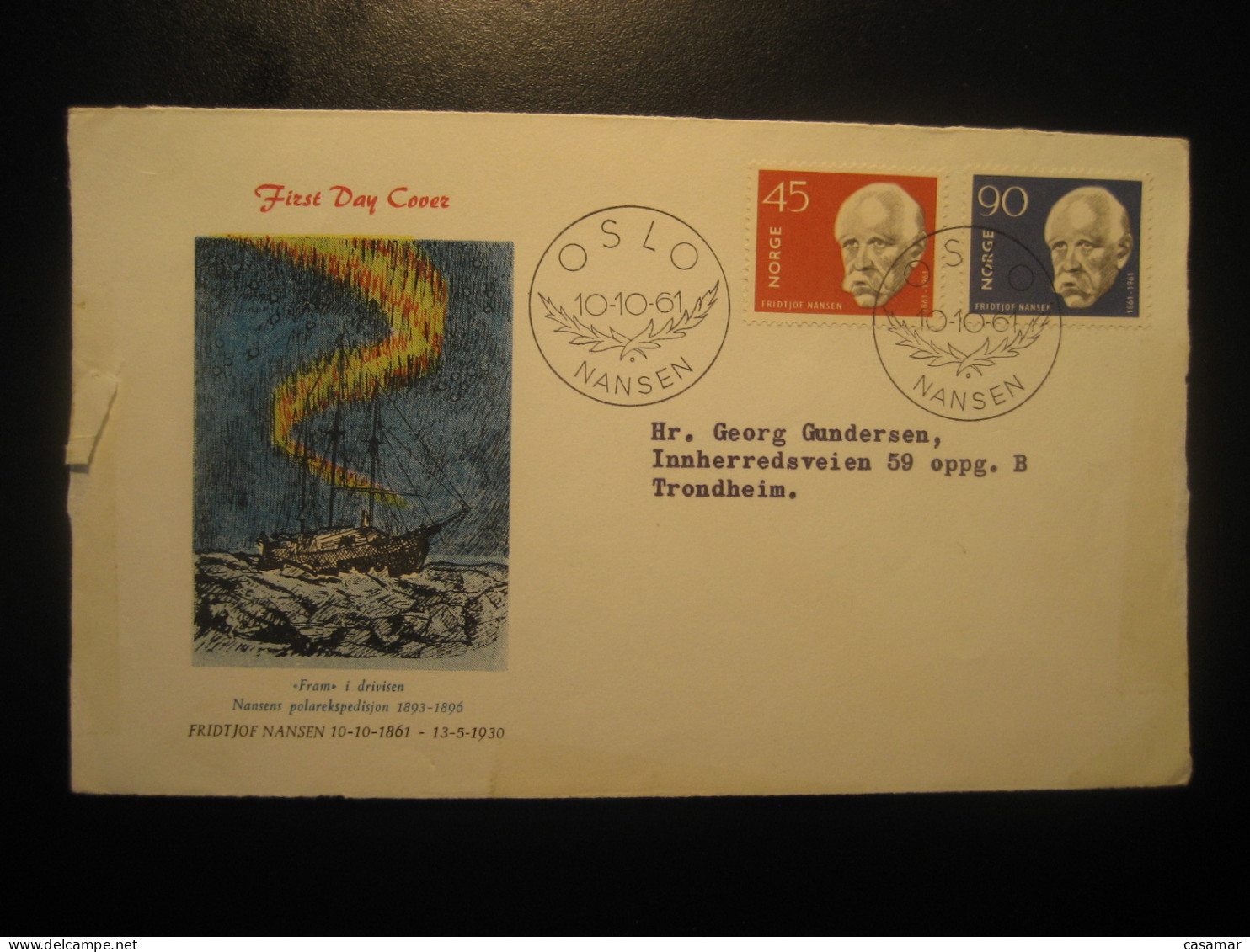 OSLO 1961 To Trondheim Nansen Fram Ship FDC Frontal Front Cover NORWAY Pole Polar Arctic Arctics Arctique - Arctische Expedities