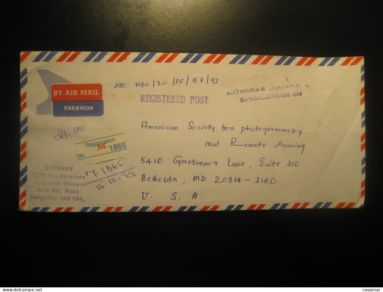 BANGALORE 1993 To USA Antariksh Bhavan ISRO Space Spatial Registered Air Mail Cancel Cover INDIA - Asie