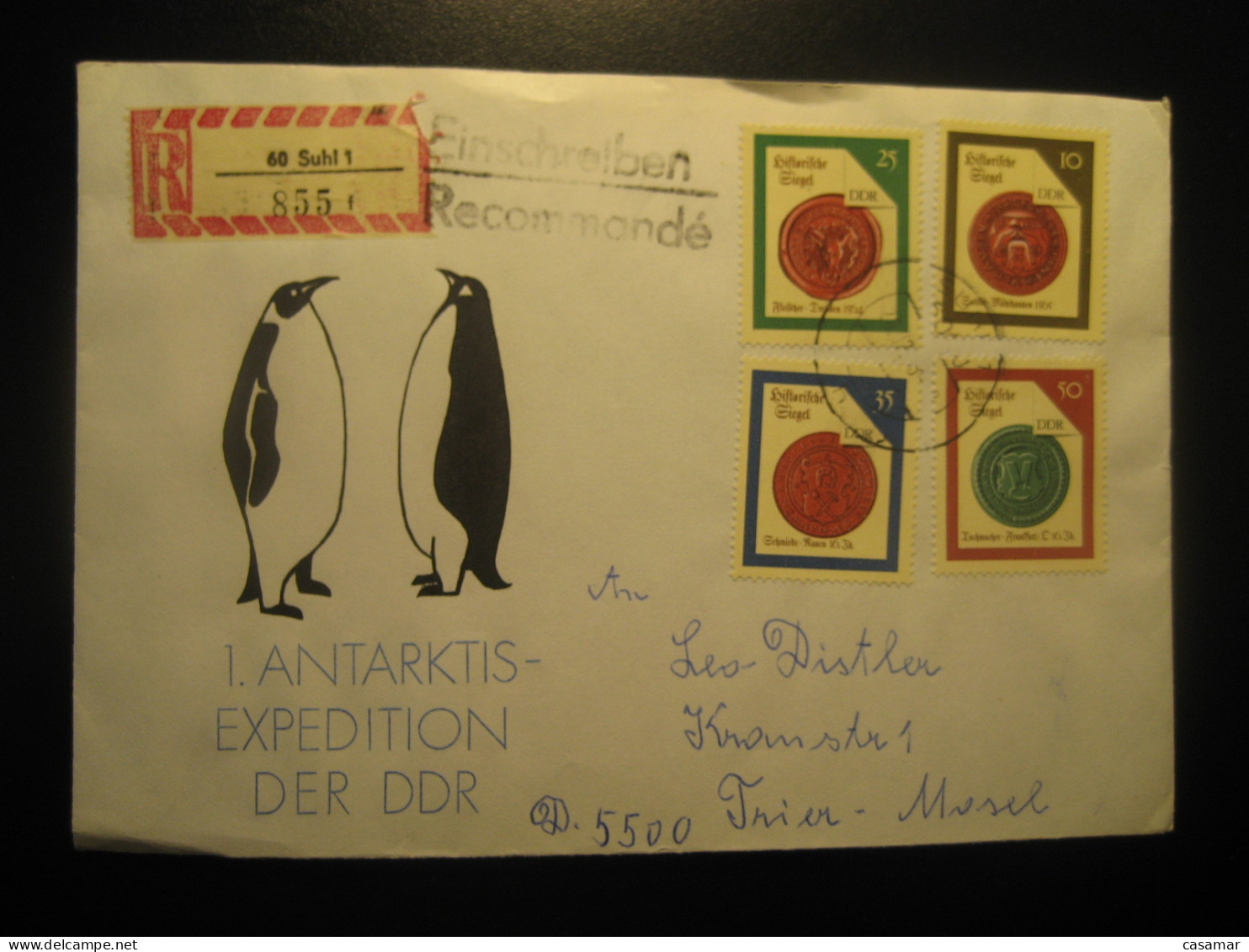 SUHL 1988 To Trier Antarctic Expedition Penguin Penguins Registered Cover DDR GERMANY Antarctique Antarctics Antarctics - Spedizioni Antartiche