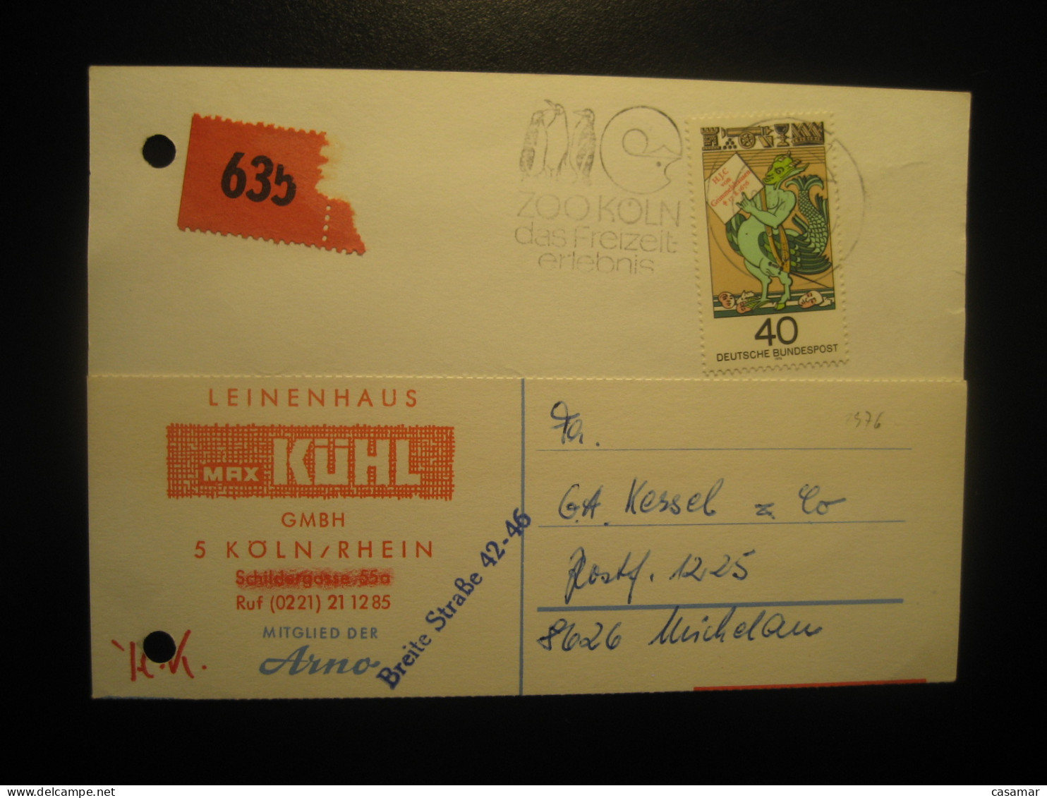 KOLN 1976 To Michelau Zoo Penguin Penguins Cancel Card GERMANY Antarctic Antarctics Antarctica Pole Polar Antarctique - Penguins