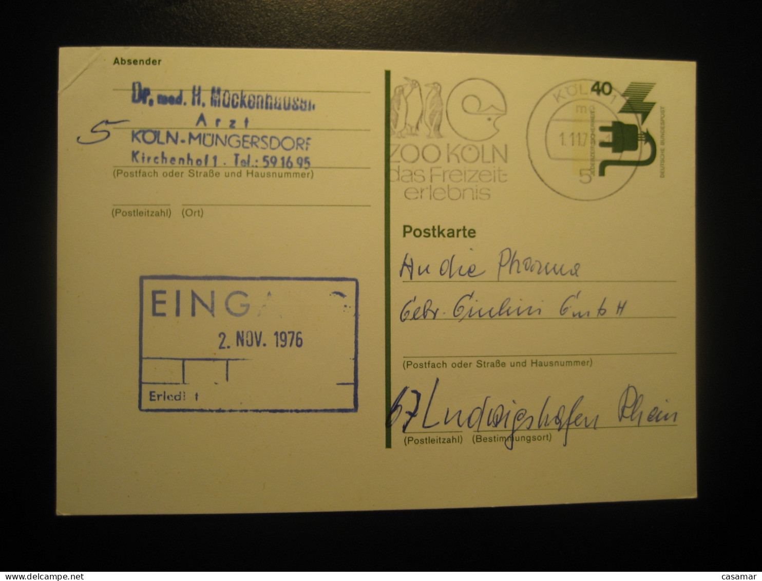 KOLN 1978 To Ludwigshafen Zoo Penguin Penguins Cancel Card GERMANY Antarctic Antarctics Antarctica Pole Polar - Antarktischen Tierwelt