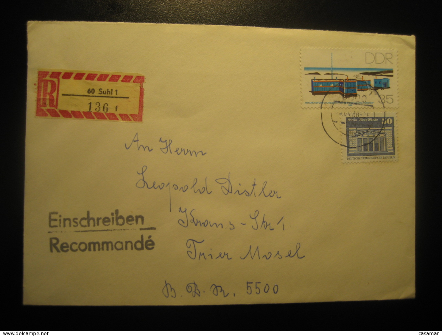 SUHL 1988 Antarctic Research Station Registered Cover DDR GERMANY Antarctics Antarctica Pole Polar Antarctique - Bases Antarctiques