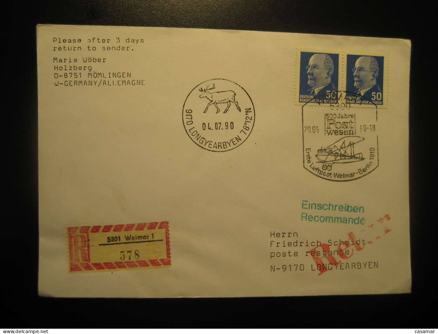 WEIMAR 1990 To Longyearbyen Norway Registered Cancel Cover DDR GERMANY Arctic Arctique Arctics Pole Polar - Other & Unclassified