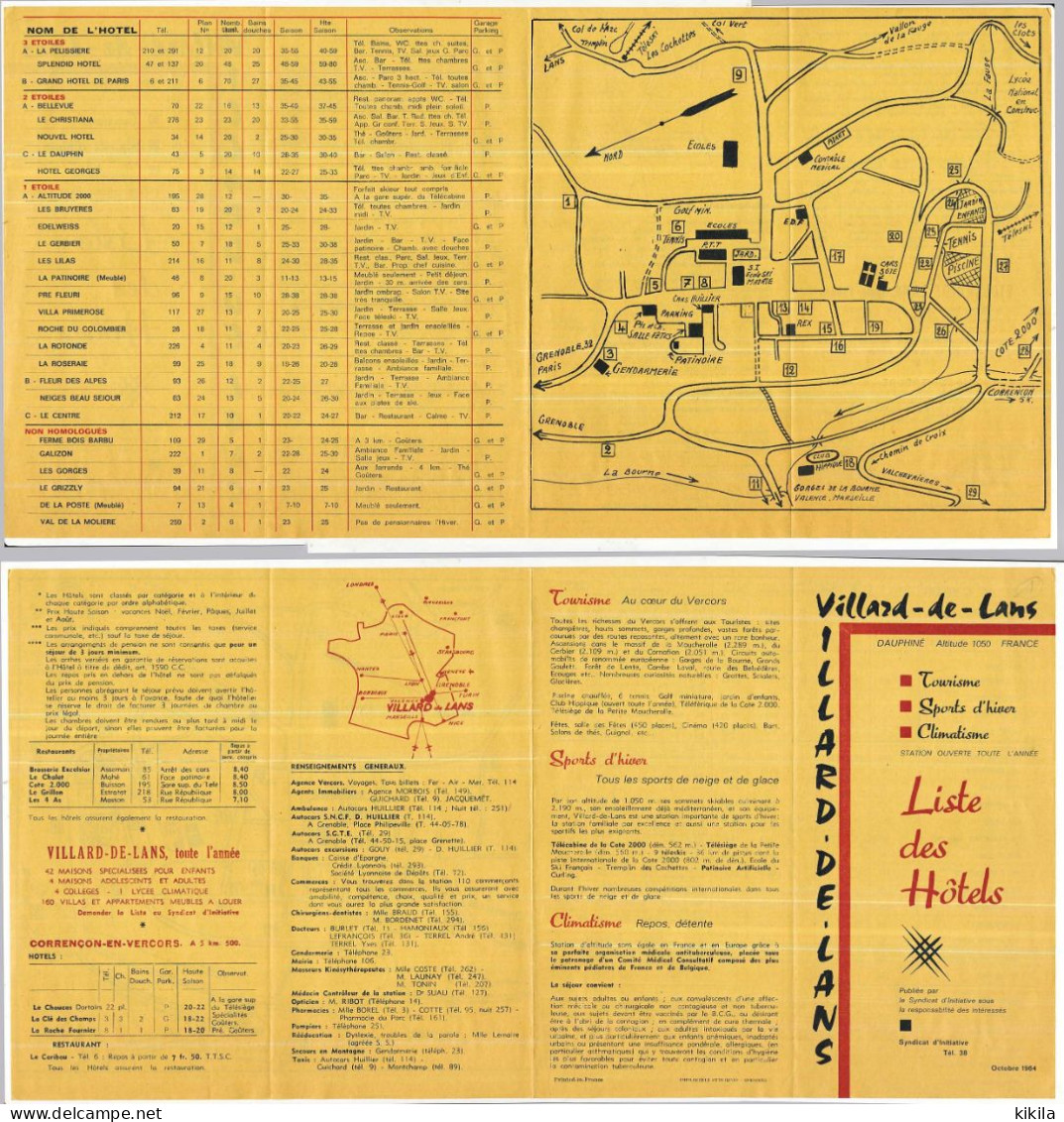 Dépliant Villard De Lans 4 Volets 10,3 X 21,1 Cm Liste Des Hôtels Plan Succinct De La Station Octobre 1964 Année De Sa * - Sonstige & Ohne Zuordnung