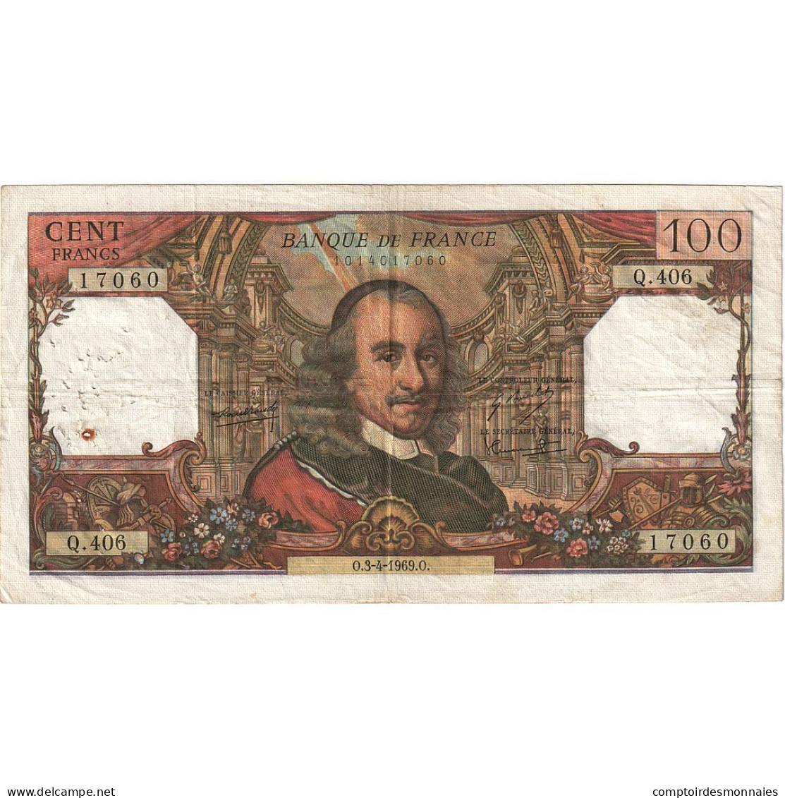 France, 100 Francs, Corneille, 1969, Q.406, TB, Fayette:65.26, KM:154g - 100 F 1964-1979 ''Corneille''