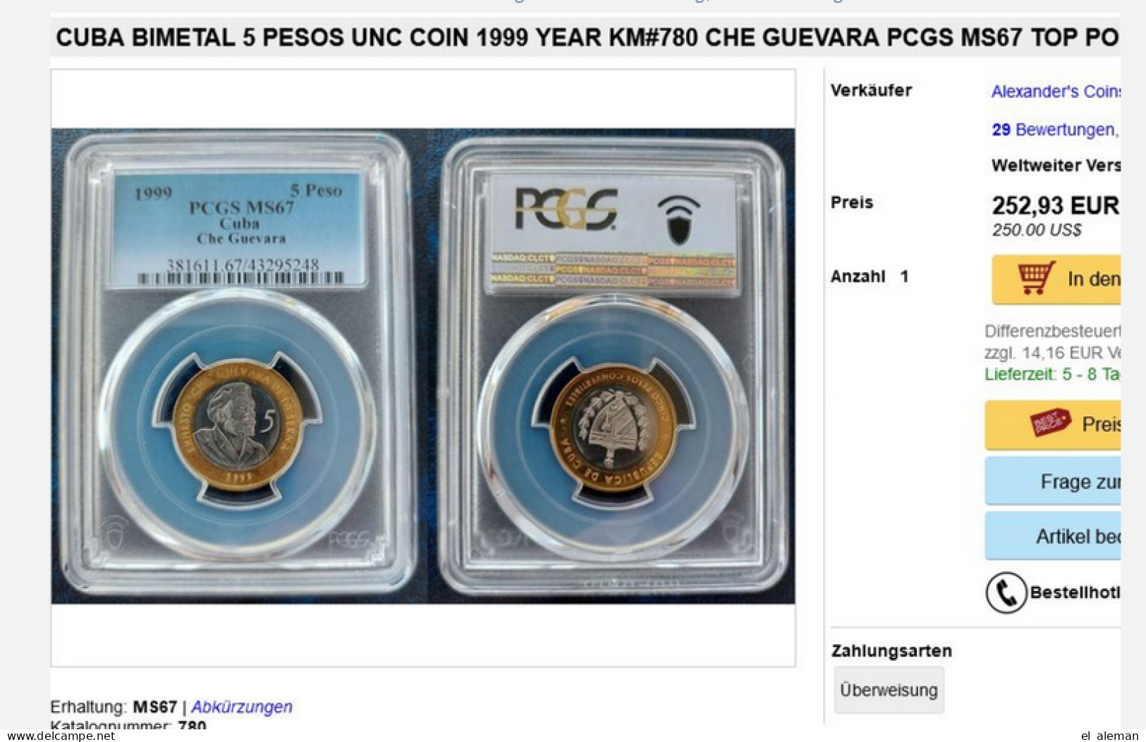 Che Guevara, 5 Pesos Convertible CUC, Bimetall Münze, 1999, 24mm, Kuba, Cuba, Sehr Rar, Moneda, Coin, Muy Raro - Cuba