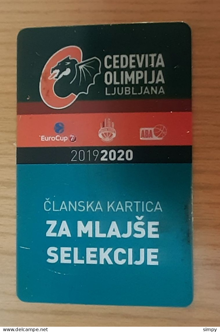 Basketball Club Cedevita Olimpija Season Ticket For Younger Selections 2019/2020  Plastic Card - Tickets & Toegangskaarten