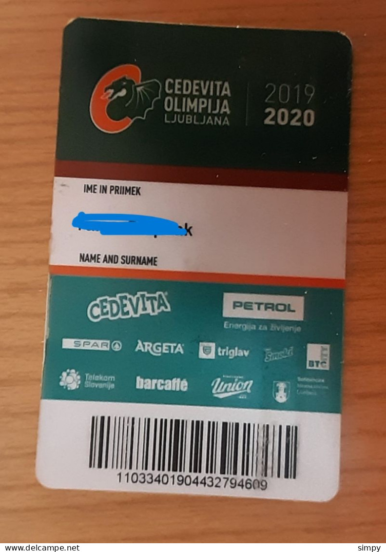Basketball Club Cedevita Olimpija Season Ticket For Younger Selections 2019/2020  Plastic Card - Eintrittskarten