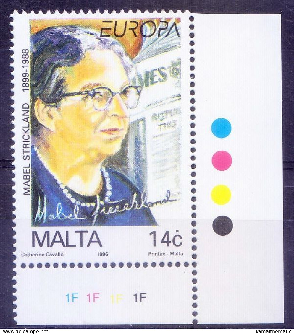 Mabel Strickland, Journalist, Europa, Signature, Malta 1996 MNH  Colour Guide - Koekoeken En Toerako's