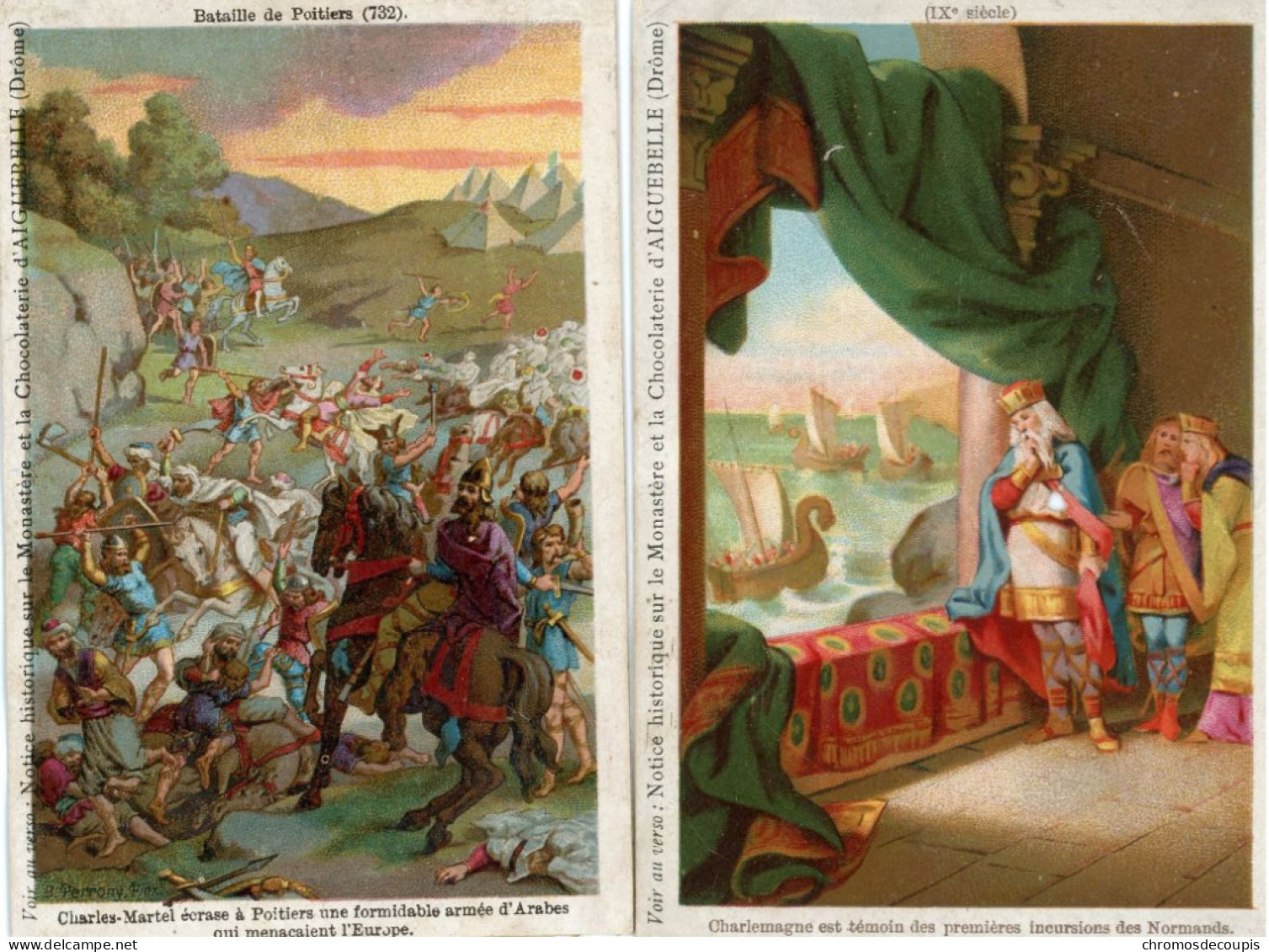 2 Chromos Chocolaterie Aiguebelle Histoire De France Charlemagne Vikings Charles Martel Arabes Poitiers - Lu