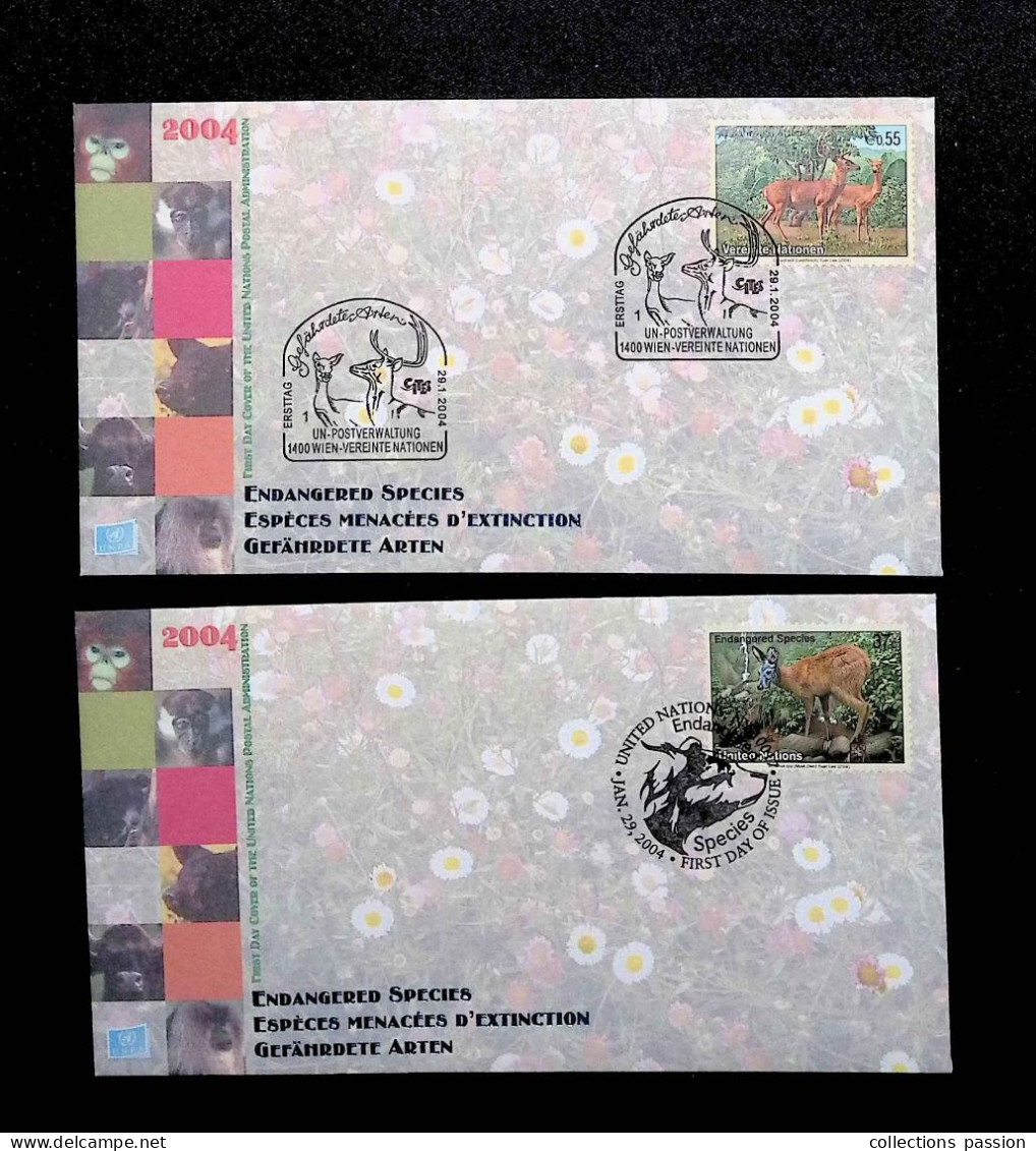 CL, FDC, 1 Er Jour, Nations Unis, United Nations, Wien, 29-1-2004, Endangered Spécies, LOT DE 2 "FIRST DAY OF ISSUE" - Lettres & Documents