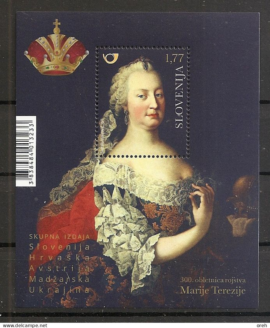 SLOVENIA 2017,300TH ANNIVERSARY OF THE BIRTH OF EMPRESS MARIA THERESA,BLOCK,COAT OF ARMS,MNH - Slovénie