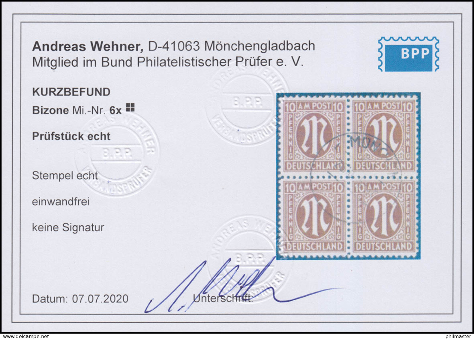 6x AM-Post 10 Pf. Papier X, Viererblock O München 26.10.45, Befund Wehner BPP - Used