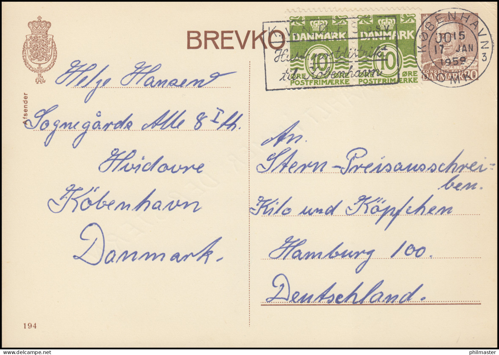 Dänemark Postkarte P 243II Frederik IX. 20 Öre, Kz. 194, KØBENHAVN 17.1.1959 - Postal Stationery