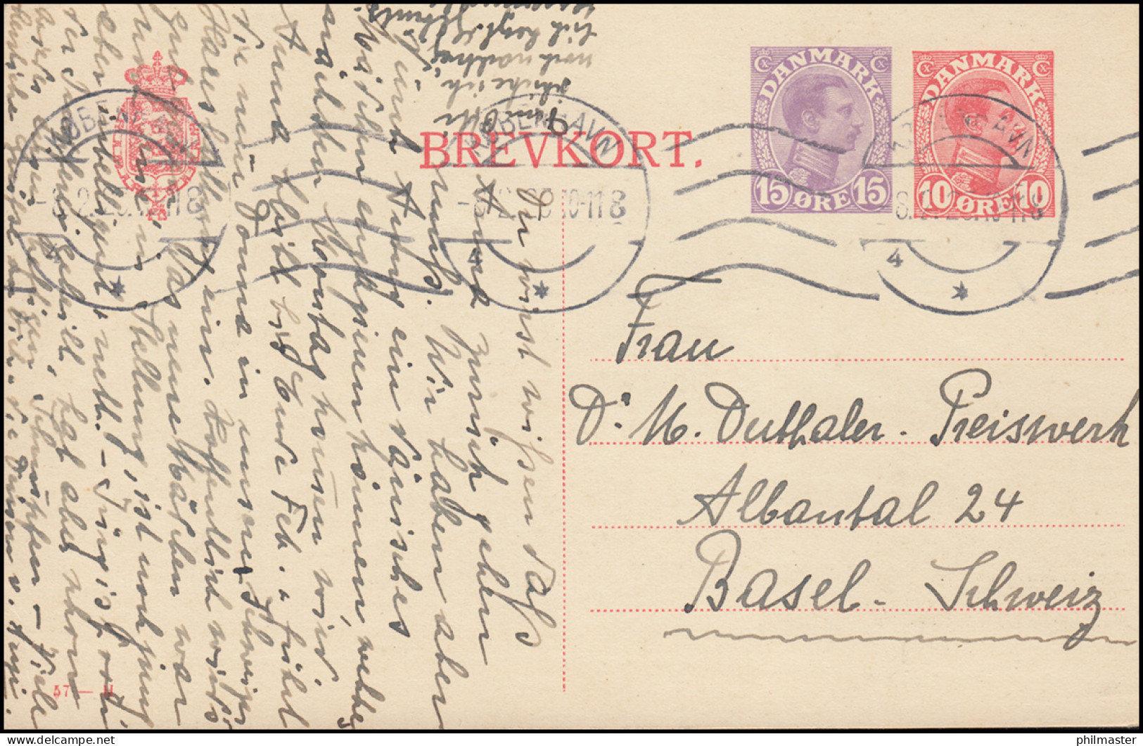 Dänemark Postkarte P 181 Christian IX. 15+10 Öre, Kz. 57-H, KØBENHAVN 8.2.1923 - Enteros Postales