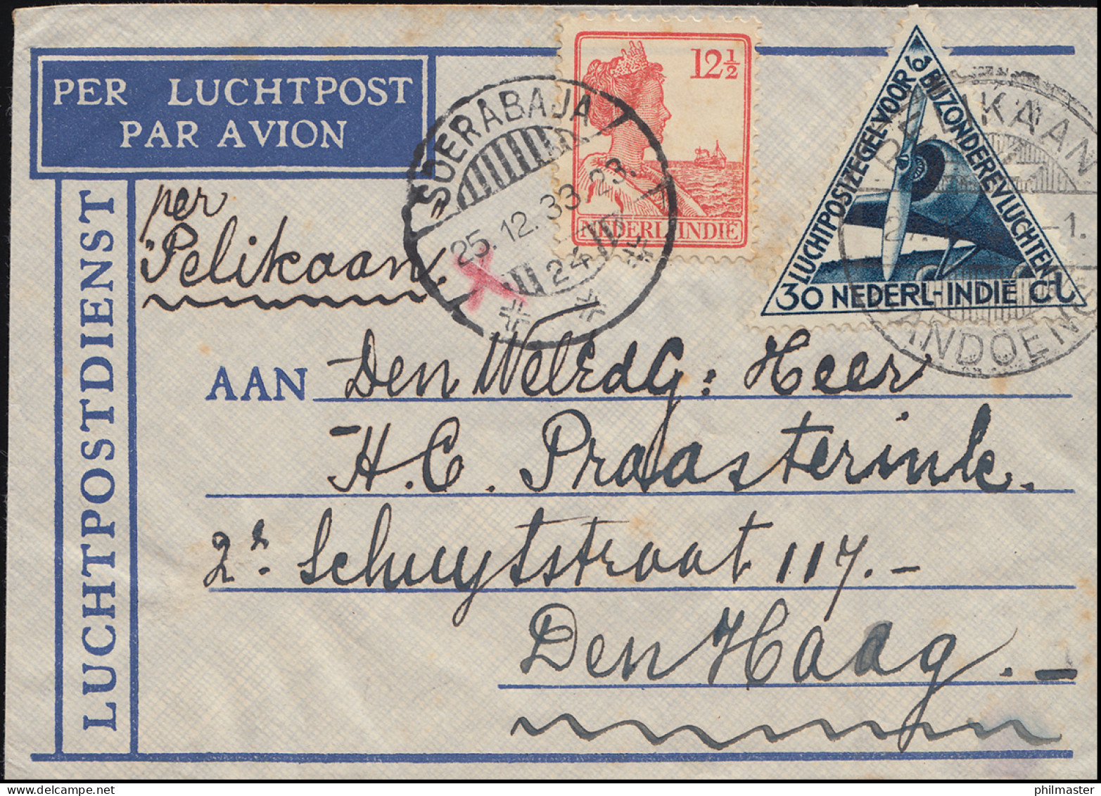 KLM-Flugpost PELIKAAN-BANDOENG 27.12.33 Brief Ab SOERABAJA 25.12. Nach Den Haag - Poste Aérienne