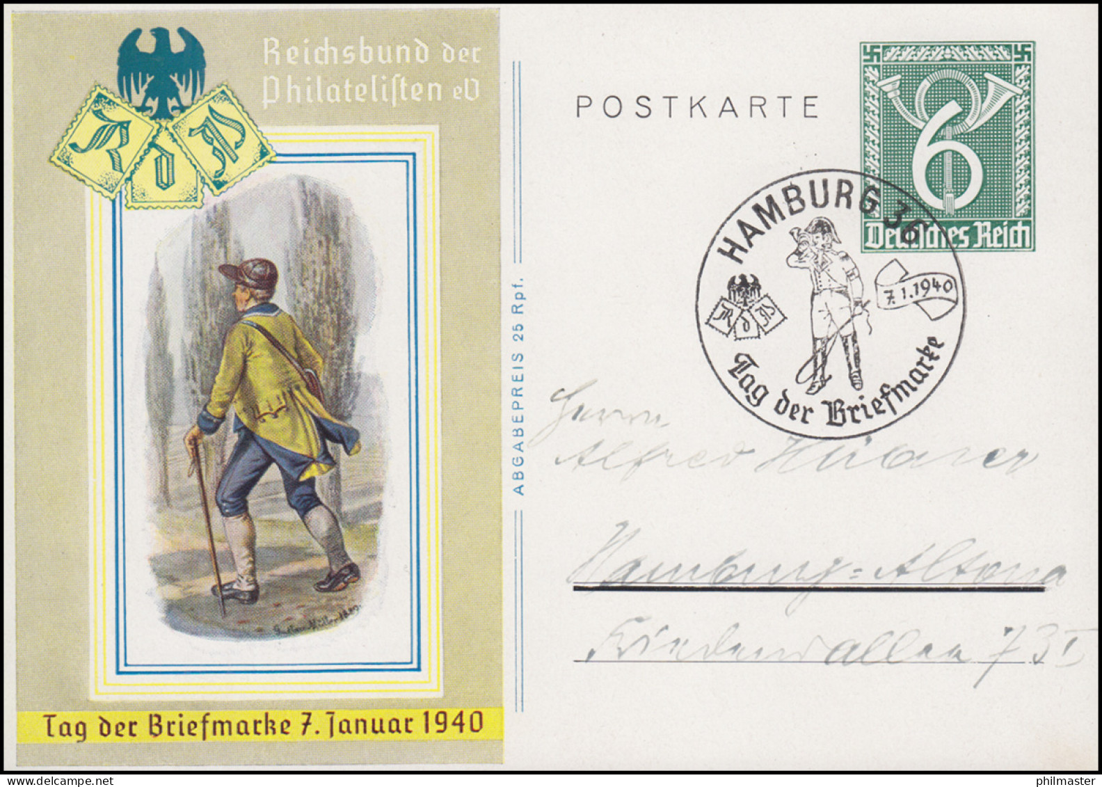 Sonderpostkarte P 289 Tag Der Briefmarke Passender SSt HAMBURG Postillion 7.1.40 - Giornata Del Francobollo